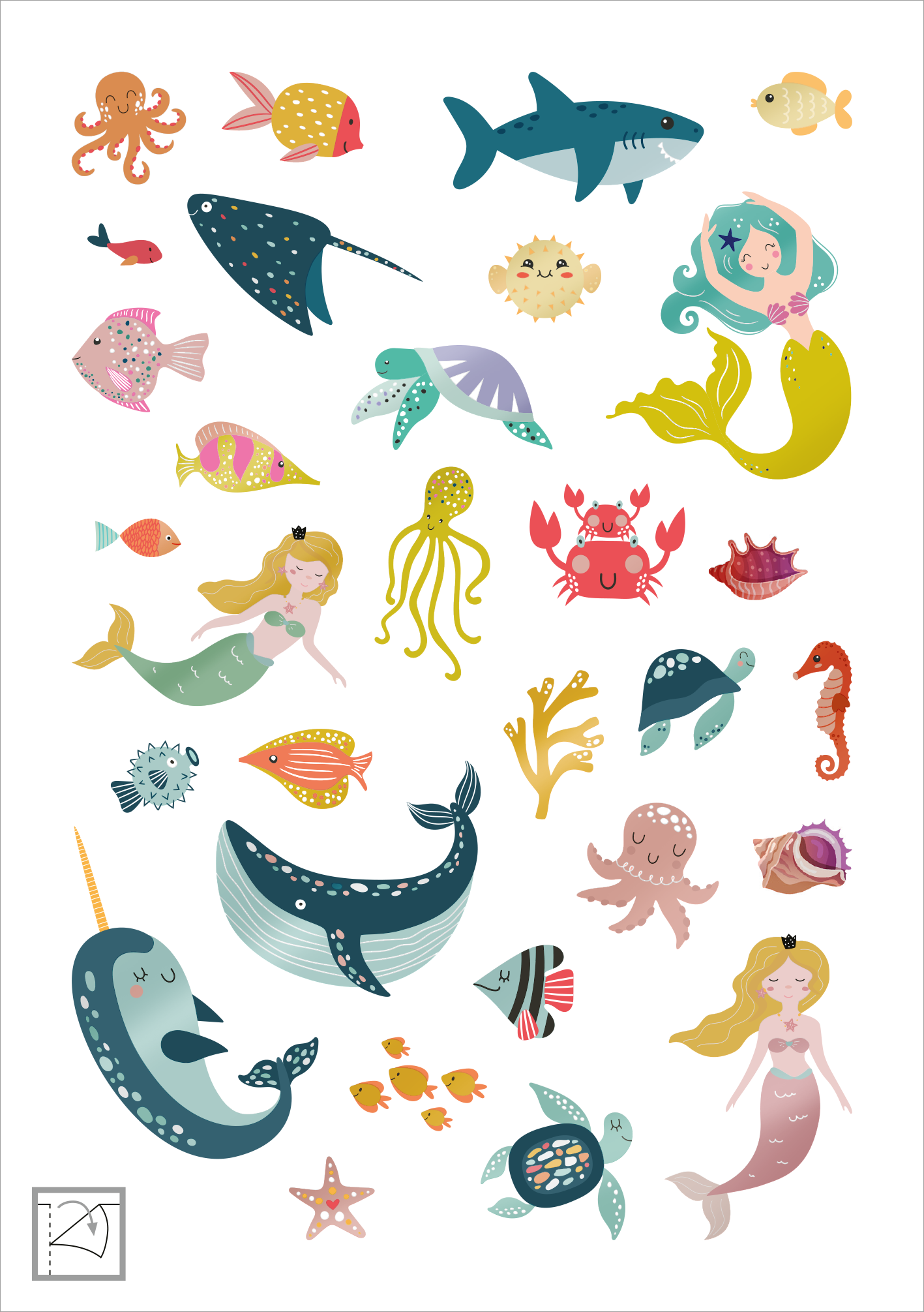 Gezeigt wird eine Innen- oder Zusatzansicht von „Glanz-Sticker – Unterwasserwelt“. Die Darstellung zeigt verschiedene maritime Elemente wie Fische, Schildkröten, Meerjungfrauen und einen Narwal in lebhaften Farben wie Türkis, Rosa, Gelb und Grün. Die Charaktere sind stilisiert und freundlich gestaltet, während die Typografie in kindgerechter Schrift gehalten ist. Die bunten Sticker sind vielfältig angeordnet und laden zur kreativen Verwendung ein.