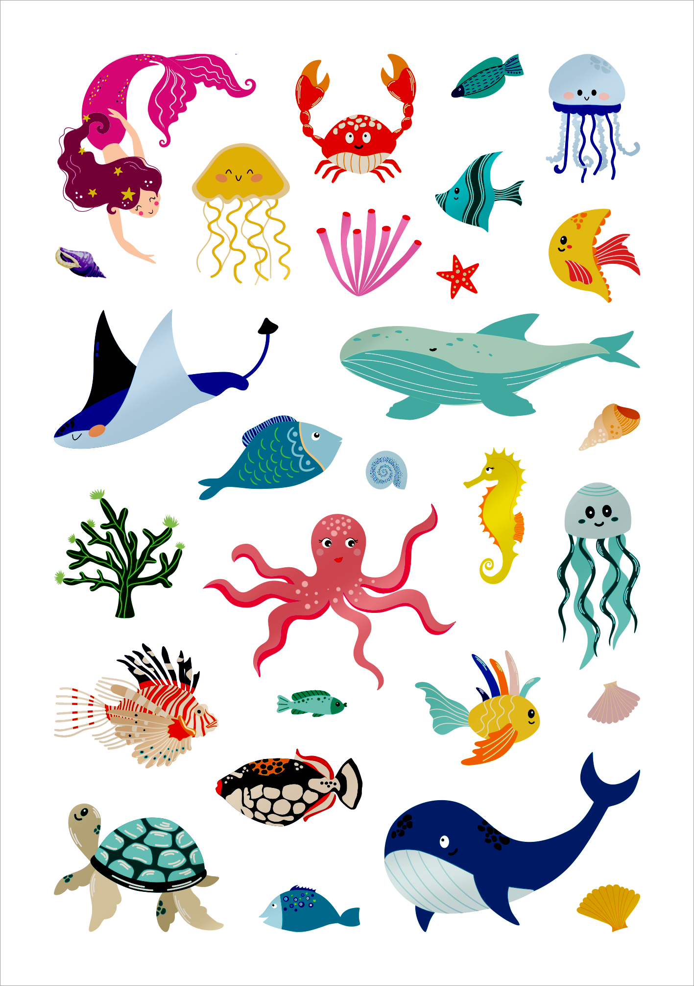 Gezeigt wird eine Innen- oder Zusatzansicht von „Glanz-Sticker – Unterwasserwelt“. Die Darstellung umfasst verschiedene bunte Meeresbewohner, darunter einen Oktopus, Fische, einen Wal und eine Schildkröte, die alle in lebhaften Farben gestaltet sind. Die Typografie ist spielerisch und kindgerecht. Die Elemente sind klar und einfach gehalten, um eine ansprechende und fröhliche Unterwasseratmosphäre zu erzeugen.