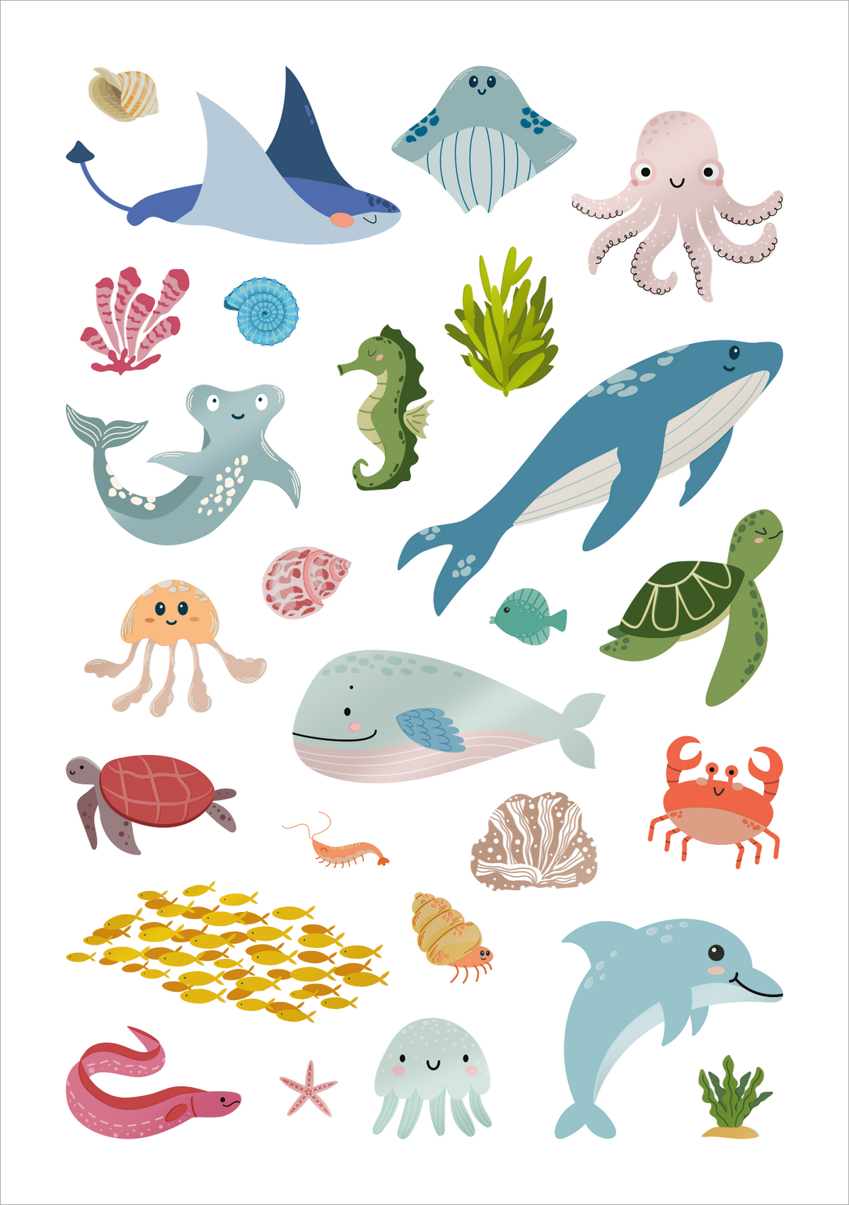 Gezeigt wird eine Innen- oder Zusatzansicht von „Glanz-Sticker – Unterwasserwelt“. Die Illustration zeigt eine lebendige Sammlung von Meerestieren, darunter Haie, Wale, Schildkröten und einen Oktopus. Die Farben sind sanft und vielfältig, mit Tönen von Blau, Grün, Rosa und Gelb. Die Typografie ist verspielt und kindgerecht, ergänzt durch maritime Elemente wie Korallen und Muscheln, die das Unterwasser-Thema unterstreichen.