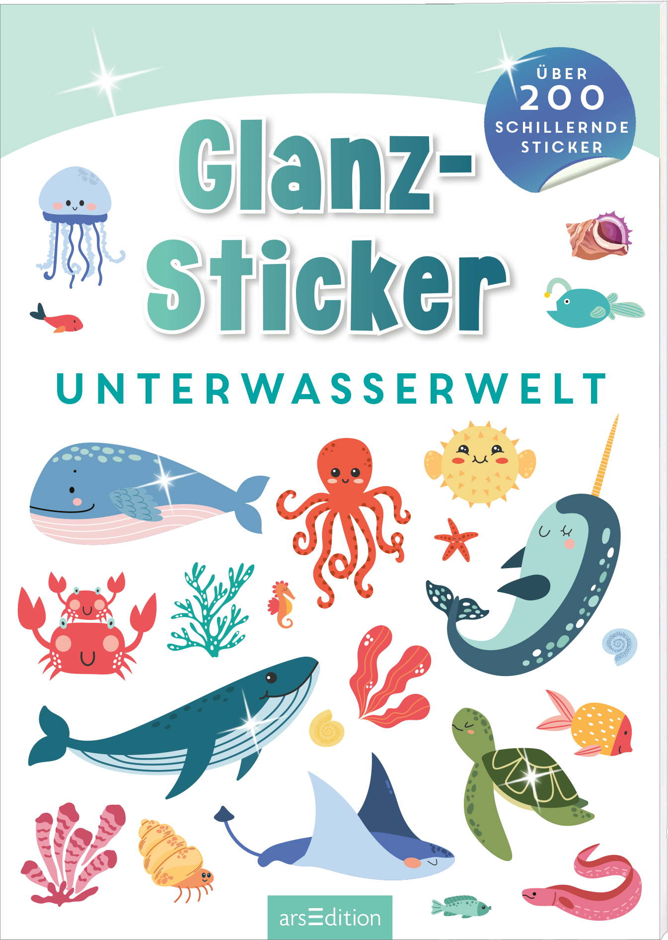 Das Buchcover zeigt eine bunte Unterwasserwelt mit fröhlichen Illustrationen von verschiedenen Meeresbewohnern, darunter Wale, ein Oktopus, Seesterne und bunte Fische. Die Farben sind lebhaft und abwechslungsreich, überwiegend in blau, grün und pink gehalten. Der Titel „Glanz-Sticker“ ist in großen, verspielten Buchstaben oben auf dem Cover platziert, während „UNTERWASSERWELT“ in kleinerem, aber ebenfalls auffälligem Schriftzug darunter steht. Oben rechts befindet sich ein runder...