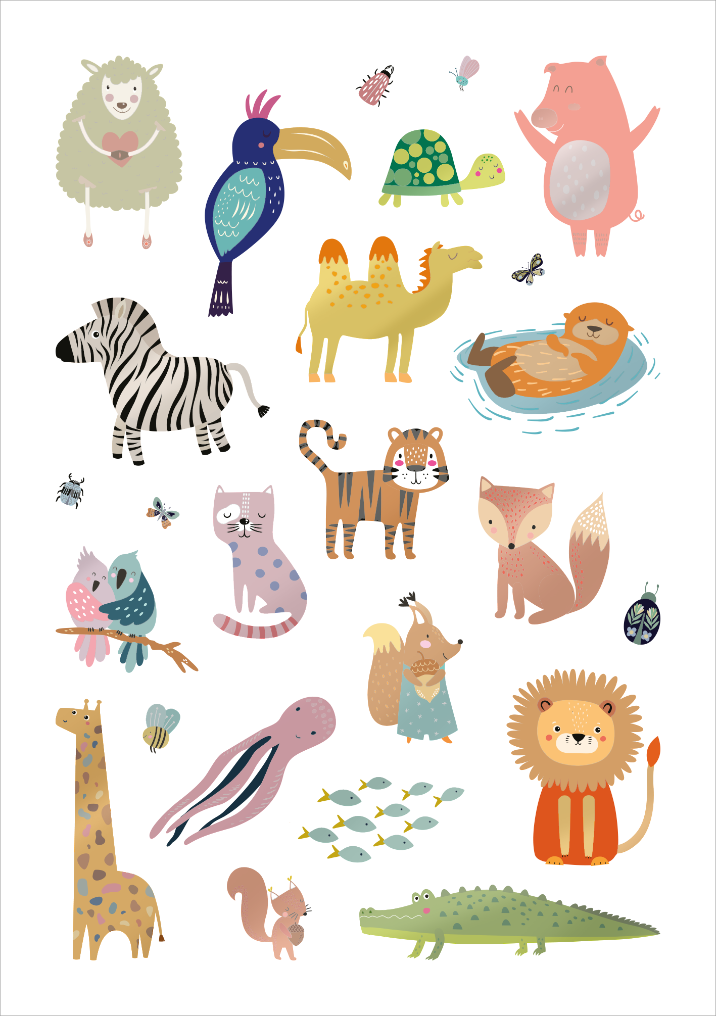 Gezeigt wird eine Innen- oder Zusatzansicht von „Glanz-Sticker – Tiere“. Die Illustration zeigt eine Vielzahl von bunten Tiermotiven, wie ein Zebra, einen Löwen, eine Giraffe und einen Kamel. Die Tiere sind in sanften Pastellfarben gestaltet, ergänzt durch lebendige Akzente. Sie sind fröhlich und ansprechend dargestellt, um ein kinderfreundliches Design zu fördern. Der Hintergrund ist schlicht und weiß, was die Farben der Sticker hervorhebt.