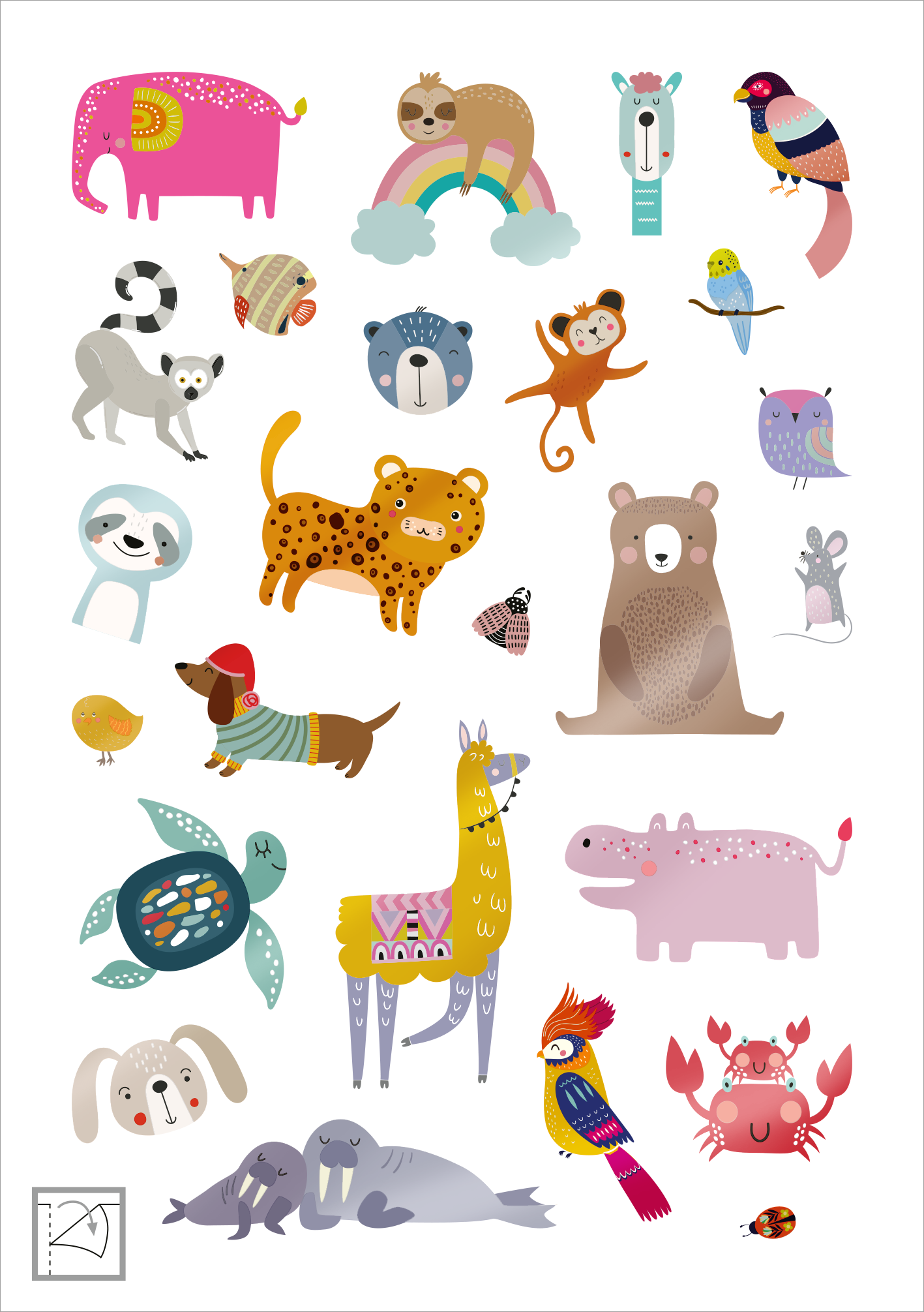 Gezeigt wird eine Innen- oder Zusatzansicht von „Glanz-Sticker – Tiere“. Die Abbildung zeigt eine bunte Sammlung von tierischen Stickern, darunter ein rosa Elefant, ein gefleckter Leopard und ein gelbbrauner Hund. Die Tiere sind in sanften Pastellfarben und lebendigen Akzenten gestaltet. Figuren wie ein lustiger Affe und ein schlafender Wurm machen die Szene lebhaft. Die Illustrationen sind verspielt und mit klaren, runden Konturen, die die verschiedenen Tiere einladend in Szene setzen.