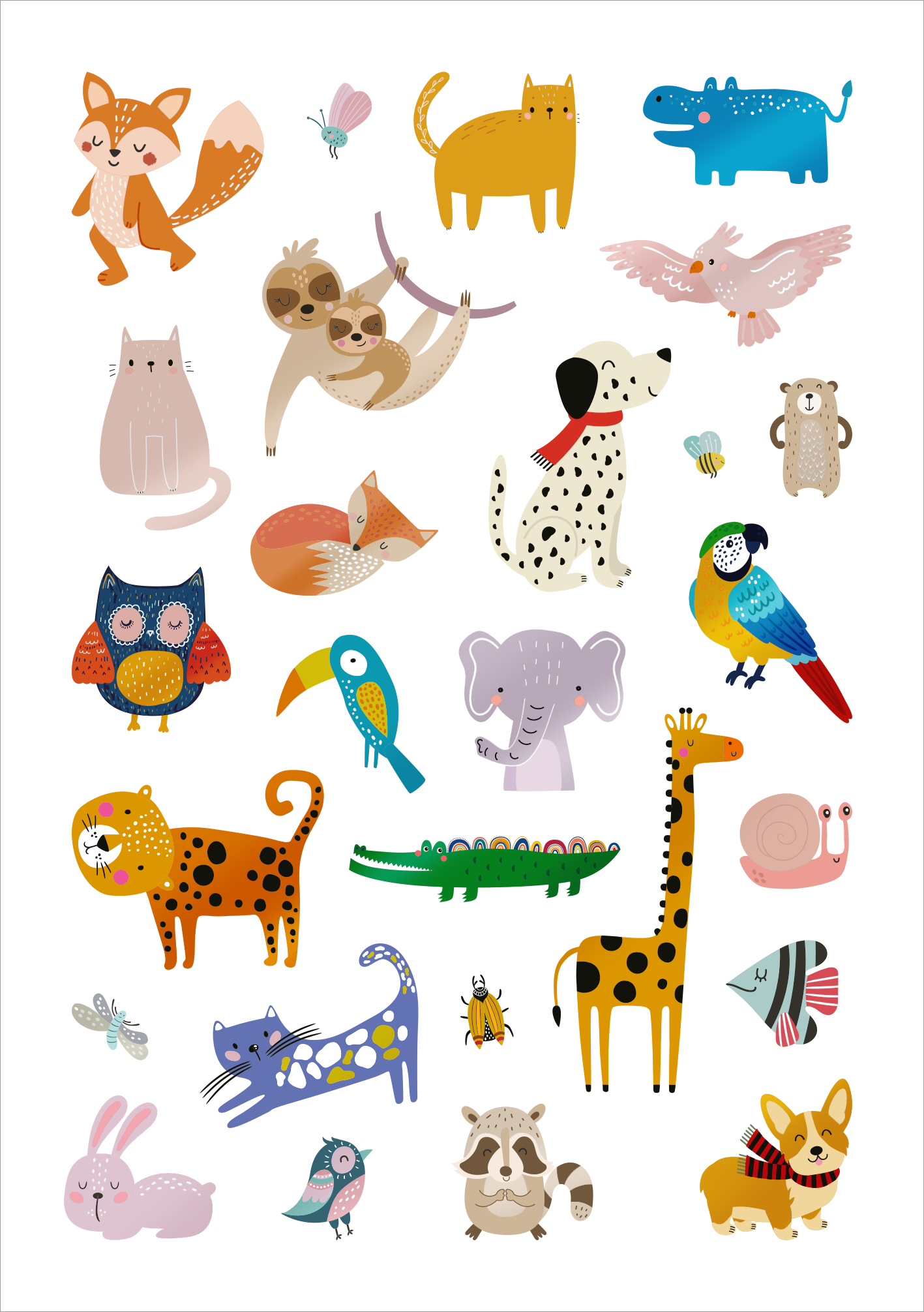 Gezeigt wird eine Innen- oder Zusatzansicht von „Glanz-Sticker – Tiere“. Auf einem weißen Hintergrund sind zahlreiche bunte Tierillustrationen angeordnet. Darunter befinden sich ein schüchterner Fuchs, ein neugieriger Hund mit rotem Halstuch, ein stilisierter Leopard in orange-schwarzen Punkten und ein großer, gelb-schwarzer Giraffe. Die Tiere sind in leuchtenden Farben gestaltet, mit klaren, runden Formen und einer verspielten, kinderfreundlichen Typografie. Kleine Insekten und andere...