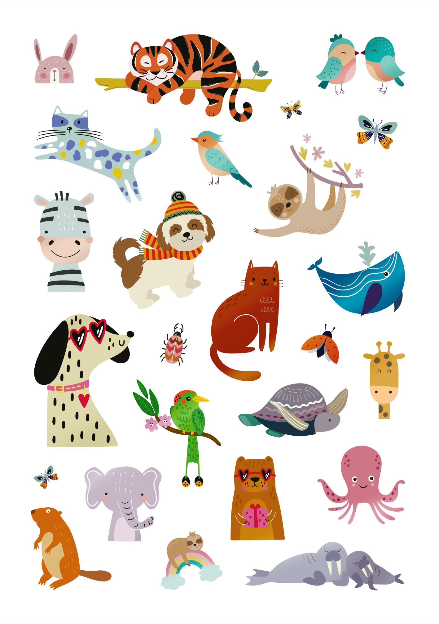 Gezeigt wird eine Innen- oder Zusatzansicht von „Glanz-Sticker – Tiere“. Die Darstellung zeigt eine bunte Sammlung von Tieren und Figuren, darunter einen Tiger, einen Zebrastreifen und ein lächelndes Kind. Die Farben sind lebhaft, mit viel Grün, Blau, Orange und Pink. Die Formen sind kindgerecht und verspielt, während die Typografie minimal ist, sodass der Fokus auf den Bildern der Tiere und deren freundlichen Ausdrücken liegt.