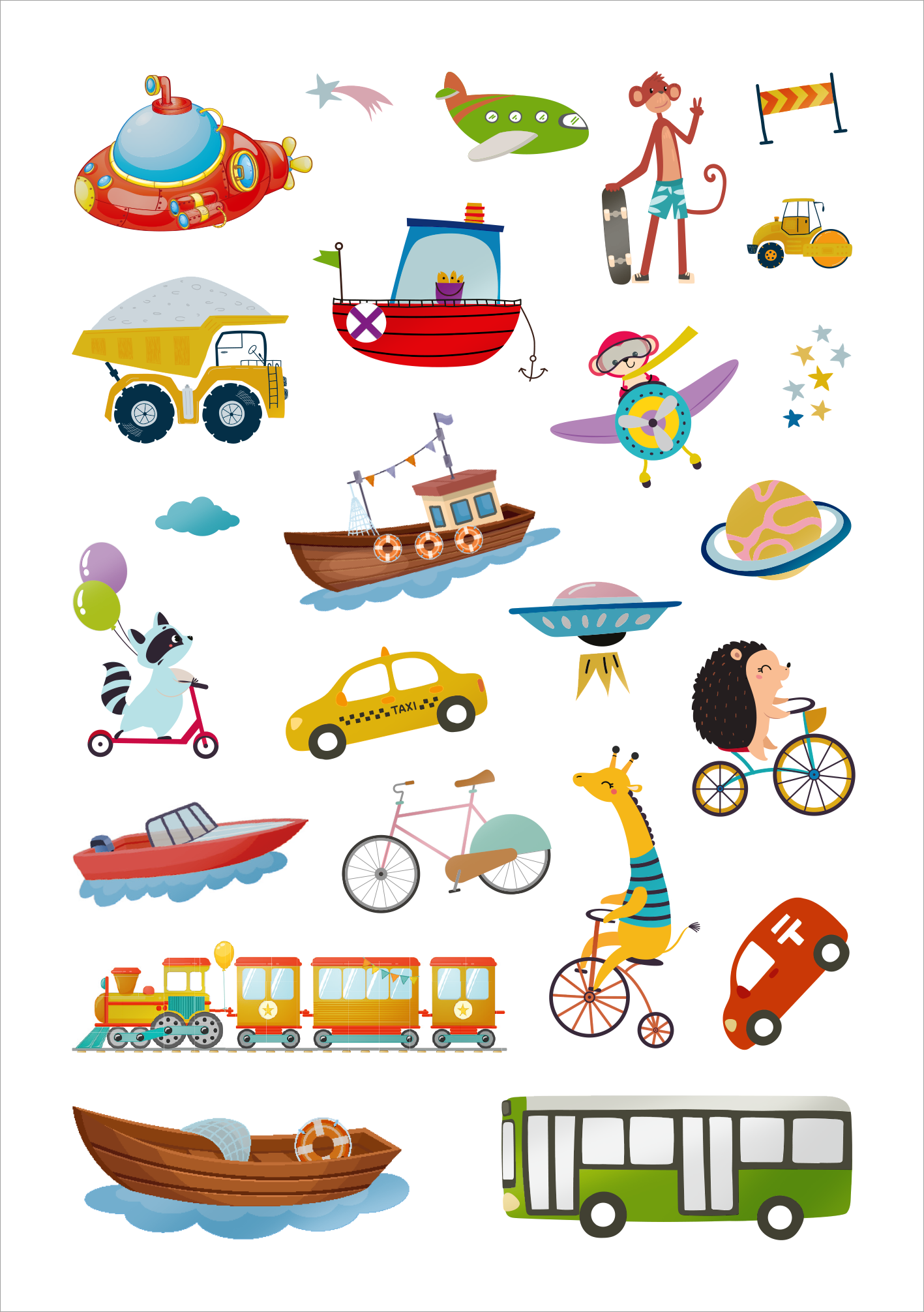 Gezeigt wird eine Innen- oder Zusatzansicht von „Glanz-Sticker Fahrzeuge“. Die Illustration präsentiert eine bunten Mischung aus verschiedenen Fahrzeugen, darunter ein Ufo, ein Lkw, ein Boot und ein Fahrrad. Lebhafte Farben wie Blau, Gelb, Rot und Grün dominieren das Bild. Die dargestellten Elemente sind kindgerecht und cartoonhaft gestaltet, mit einfachen, runden Formen und einer verspielten Typografie, die das Thema Mobilität anschaulich vermittelt.