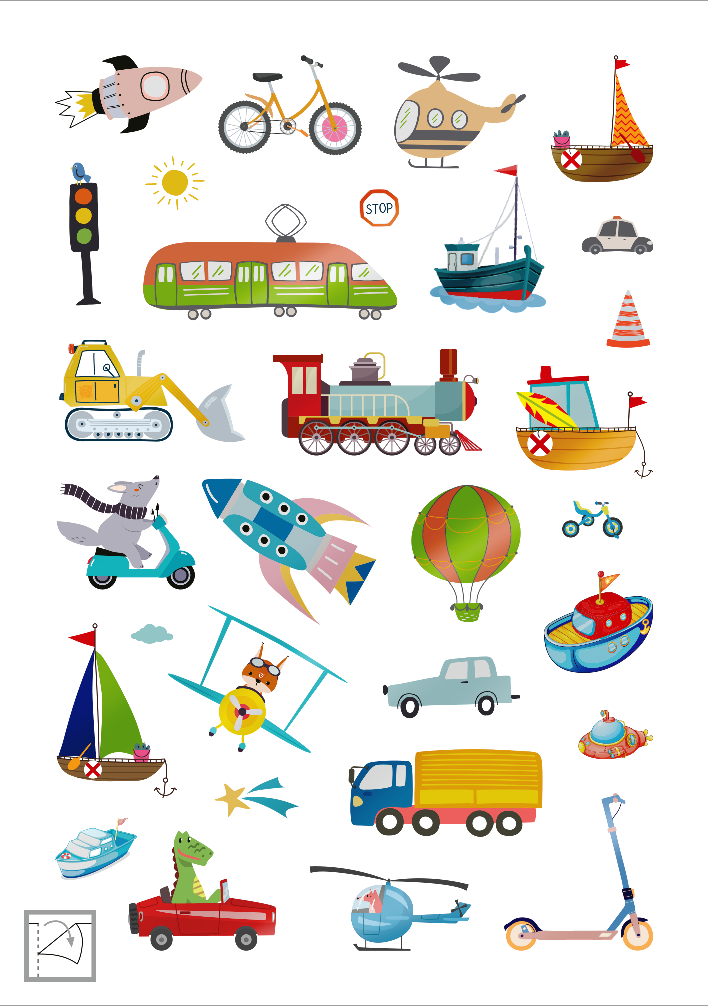 Gezeigt wird eine Innen- oder Zusatzansicht von „Glanz-Sticker Fahrzeuge“. Die Ansicht zeigt eine Vielzahl von bunten Fahrzeugstickern, darunter ein rotes Feuerwehrauto, ein grünes Schiff und verschiedene Fahrräder. Dominierende Farben sind Rot, Blau und Gelb, die lebhaft und ansprechend wirken. Die Typografie wird durch kleine, klare Symbole unterstützt, ergänzt durch einfache grafische Elemente wie Sonne, Wolken und Verkehrsschilder, die die Themen Verkehr und Reisen unterstreichen.