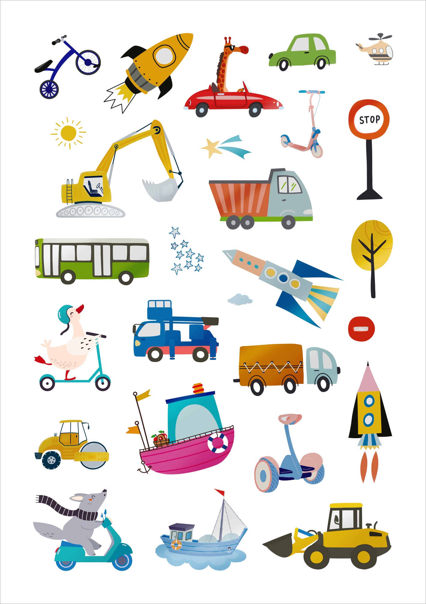 Gezeigt wird eine Innen- oder Zusatzansicht von „Glanz-Sticker Fahrzeuge“. Die Darstellung umfasst eine Vielzahl farbenfroher Fahrzeuge, darunter Autos, Fahrräder, Boote und ein Bus. Dominante Farben sind lebhaftes Rot, Blau, Gelb und Grün. Zusätzlich sind verschiedene Verkehrszeichen wie ein Stoppschild abgebildet. Die fröhlichen Illustrationen sind in einer klaren, verspielten Typografie gestaltet, die für Kinder ansprechend ist und Fantasie anregt.