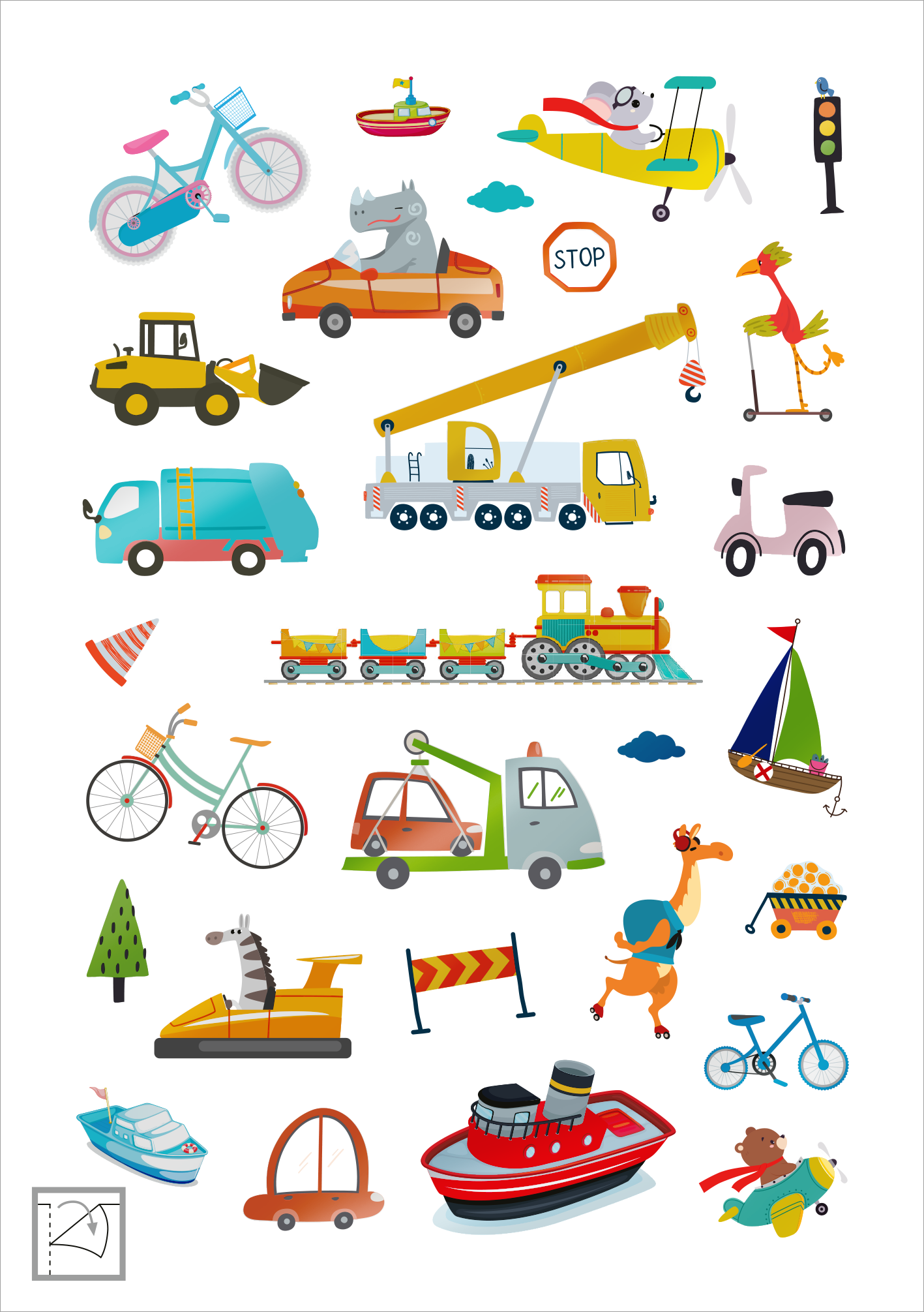 Gezeigt wird eine Innen- oder Zusatzansicht von „Glanz-Sticker Fahrzeuge“. Die Illustration präsentiert eine Vielzahl farbenfroher Fahrzeuge, darunter Fahrräder, Boote, Lkw und Züge. Lebendige Farben wie Blau, Rot und Gelb dominieren das Design. Die Typografie umfasst einfache, lesbare Schriftzüge, beispielsweise „STOP“. Ergänzende Elemente wie Bäume und Wolken tragen zur lebhaften, spielerischen Atmosphäre bei. Die verschiedenen Fahrzeuge sind in einem verspielten, cartoonhaften...
