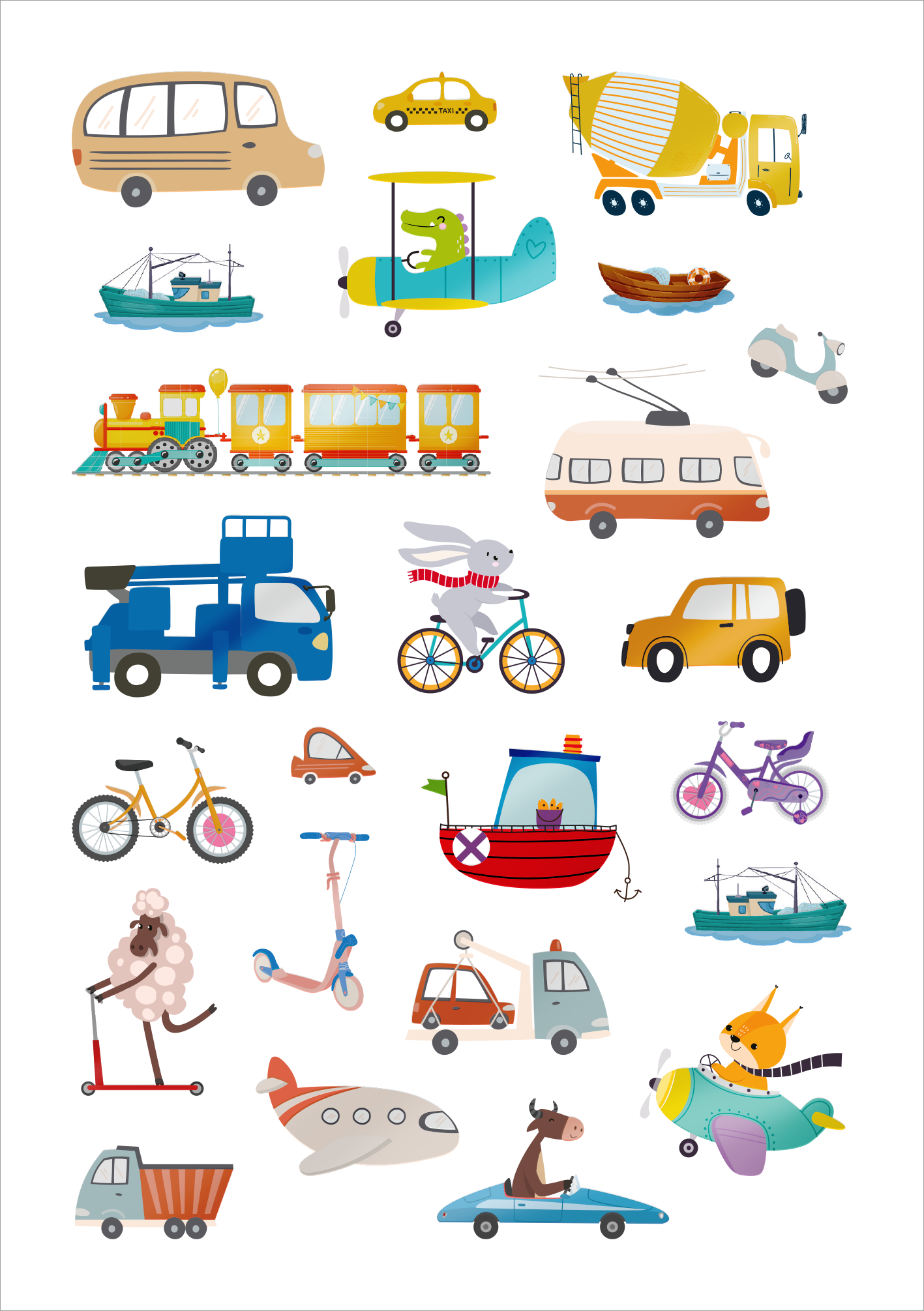 Gezeigt wird eine Innen- oder Zusatzansicht von „Glanz-Sticker – Fahrzeuge“. Die Abbildung präsentiert eine bunte Ansammlung von Fahrzeugen, darunter Autos, Boote, Züge und Flugzeuge, die in einem verspielten, kindgerechten Stil gestaltet sind. Dominierende Farben sind Blau, Gelb, Rot und Grün, die lebhaft und ansprechend wirken. Die Typografie ist nicht vorhanden, da die Sticker rein bildlich gestaltet sind. Jedes Fahrzeug hat klare, vereinfachte Formen und freundliche Gesichtszüge,...