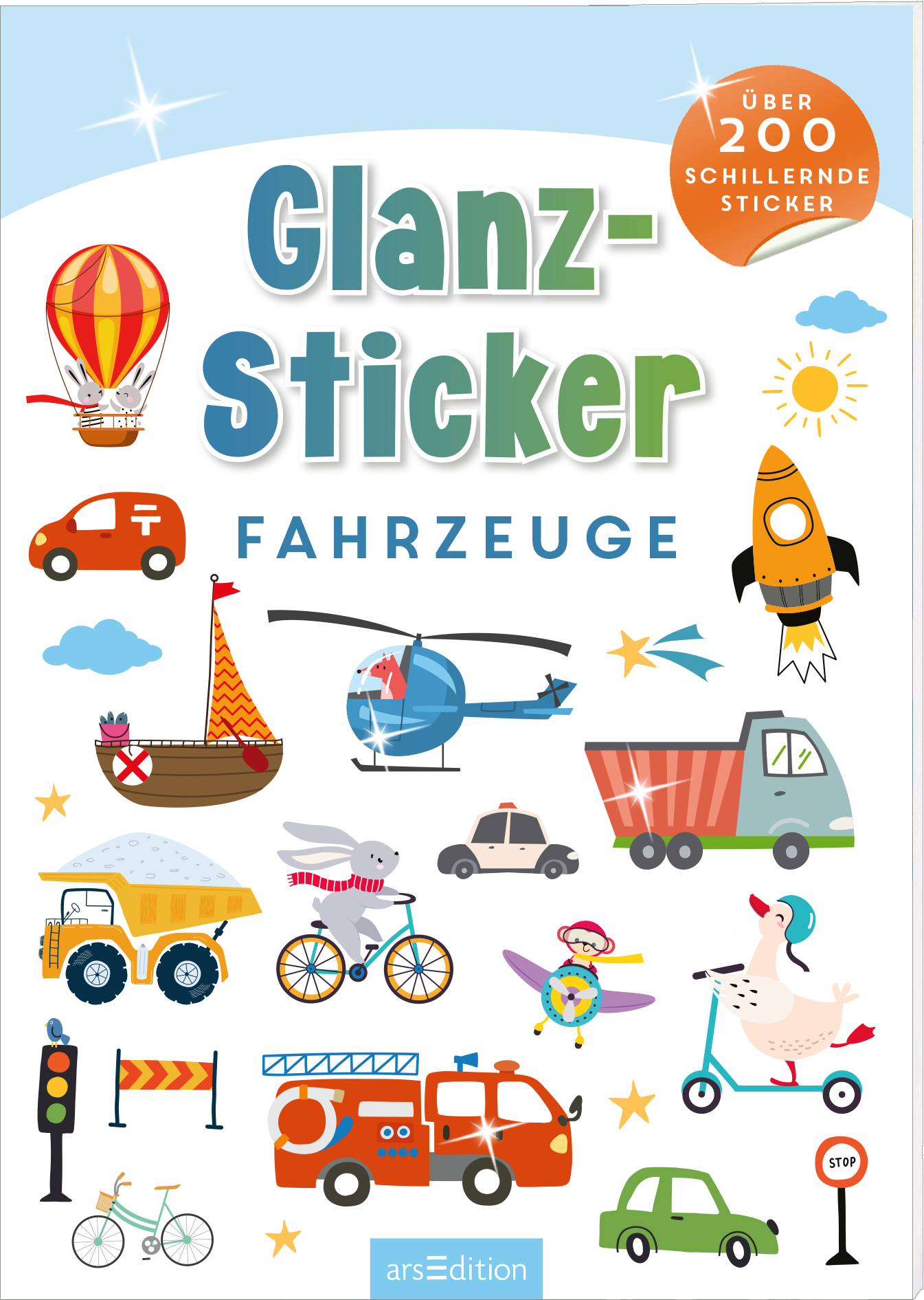 Das Buchcover zeigt eine bunte Illustration von verschiedenen Fahrzeugen, darunter ein Helikopter, ein Auto und ein Schiff. Die Dominanz der Farben Blau und Gelb sorgt für eine freundliche Atmosphäre. Der Titel „Glanz-Sticker“ ist in großen, verspielten Buchstaben gehalten und hebt sich durch eine glänzende Wirkung ab. Darunter steht in einer kleineren Schrift „Fahrzeuge“. Oben rechts befindet sich ein Button mit dem Text „Über 200 schillernde Sticker“. Ganz unten mittig steht...