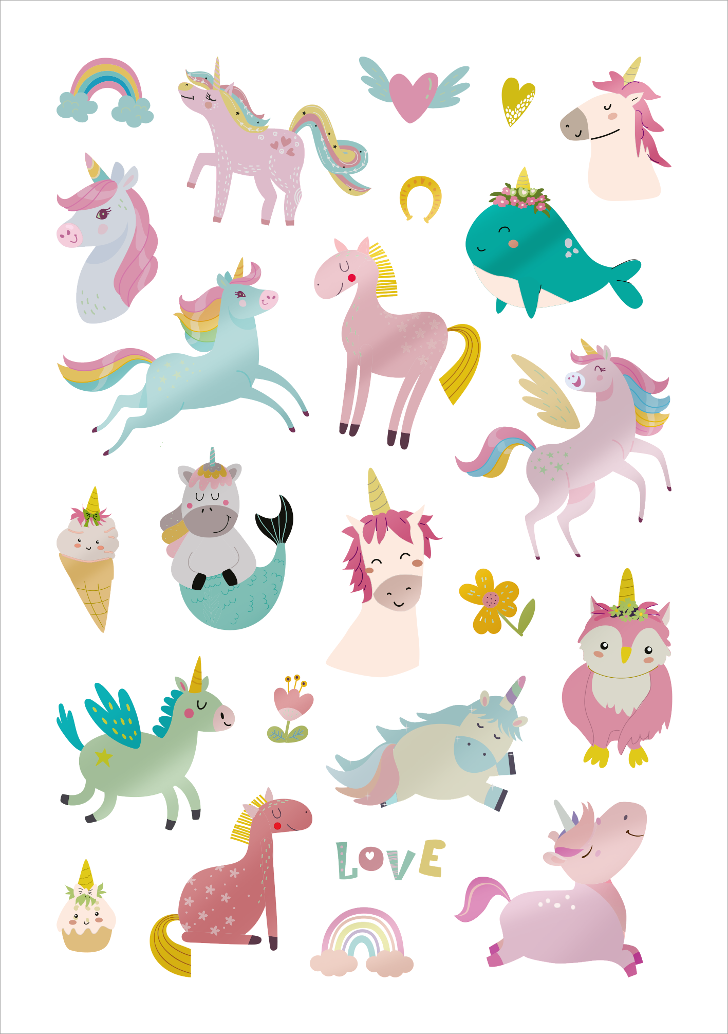 Gezeigt wird eine Innen- oder Zusatzansicht von „Glanz-Sticker – Einhörner“. Die Ansicht präsentiert eine bunte Sammlung von Einhorn-Motiven in verschiedenen Pastellfarben wie Rosa, Blau und Mintgrün. Es sind mehrere Einhörner sowie andere märchenhafte Figuren wie eine Meerjungfrau, Eulen und Blumen abgebildet. Die fröhliche Typografie mit dem Wort „LOVE“ und ein Regenbogen ergänzen die spielerische Gestaltung. Die Sticker sind lebhaft und kinderfreundlich gestaltet, ideal für...