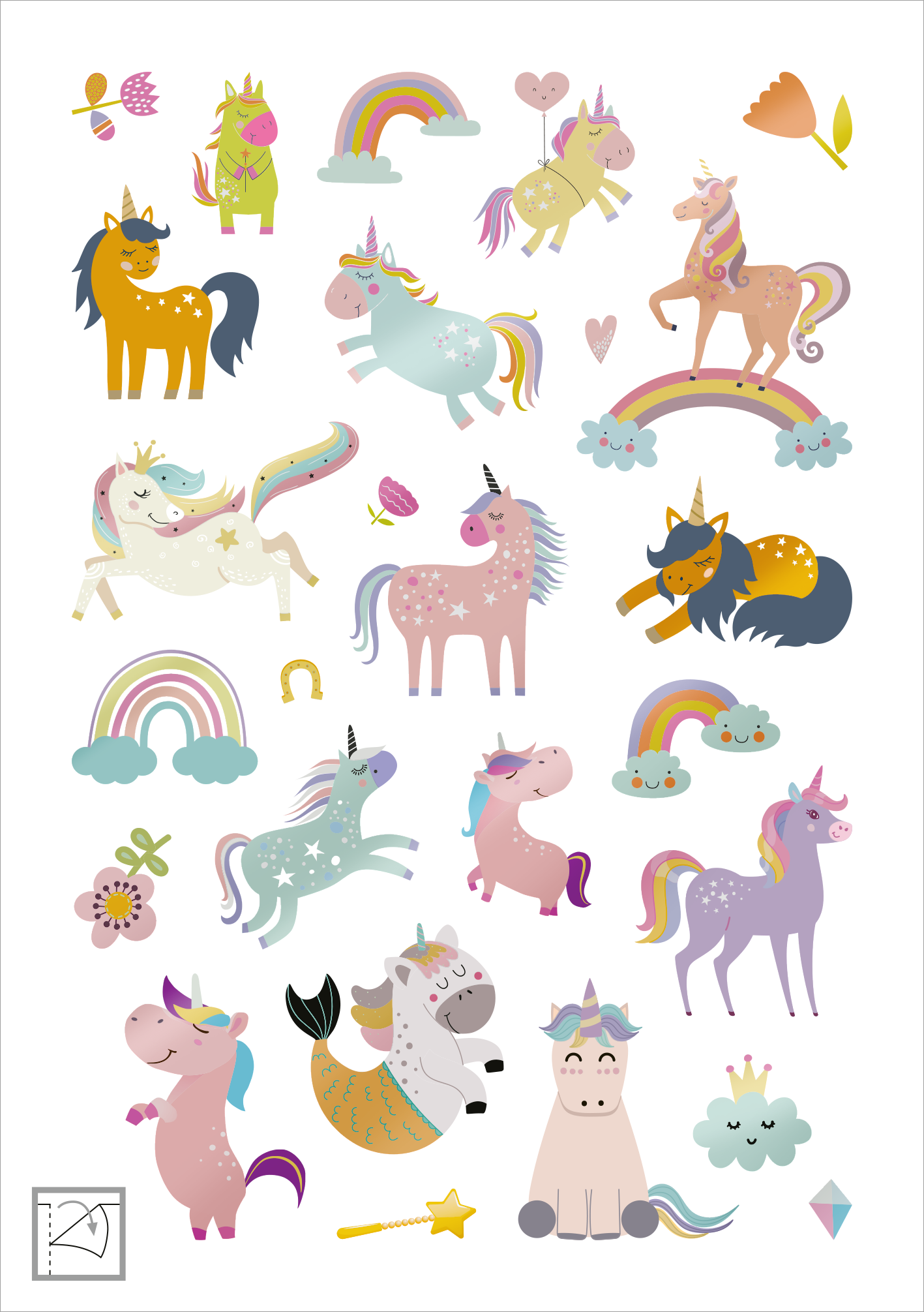 Gezeigt wird eine Innen- oder Zusatzansicht von „Glanz-Sticker – Einhörner“. Die Ansicht zeigt eine bunte Sammlung von Einhorn-Stickern in verschiedenen Farben wie Rosa, Lila und Gelb, umgeben von Regenbögen, Blumen und Herzen. Die Sticker sind verspielt gestaltet, mit funkelnden Akzenten und fröhlichen Gesichtsausdrücken. Die Typografie ist verschnörkelt und kindgerecht. Diese Elemente vermitteln eine magische und fantasievolle Atmosphäre.
