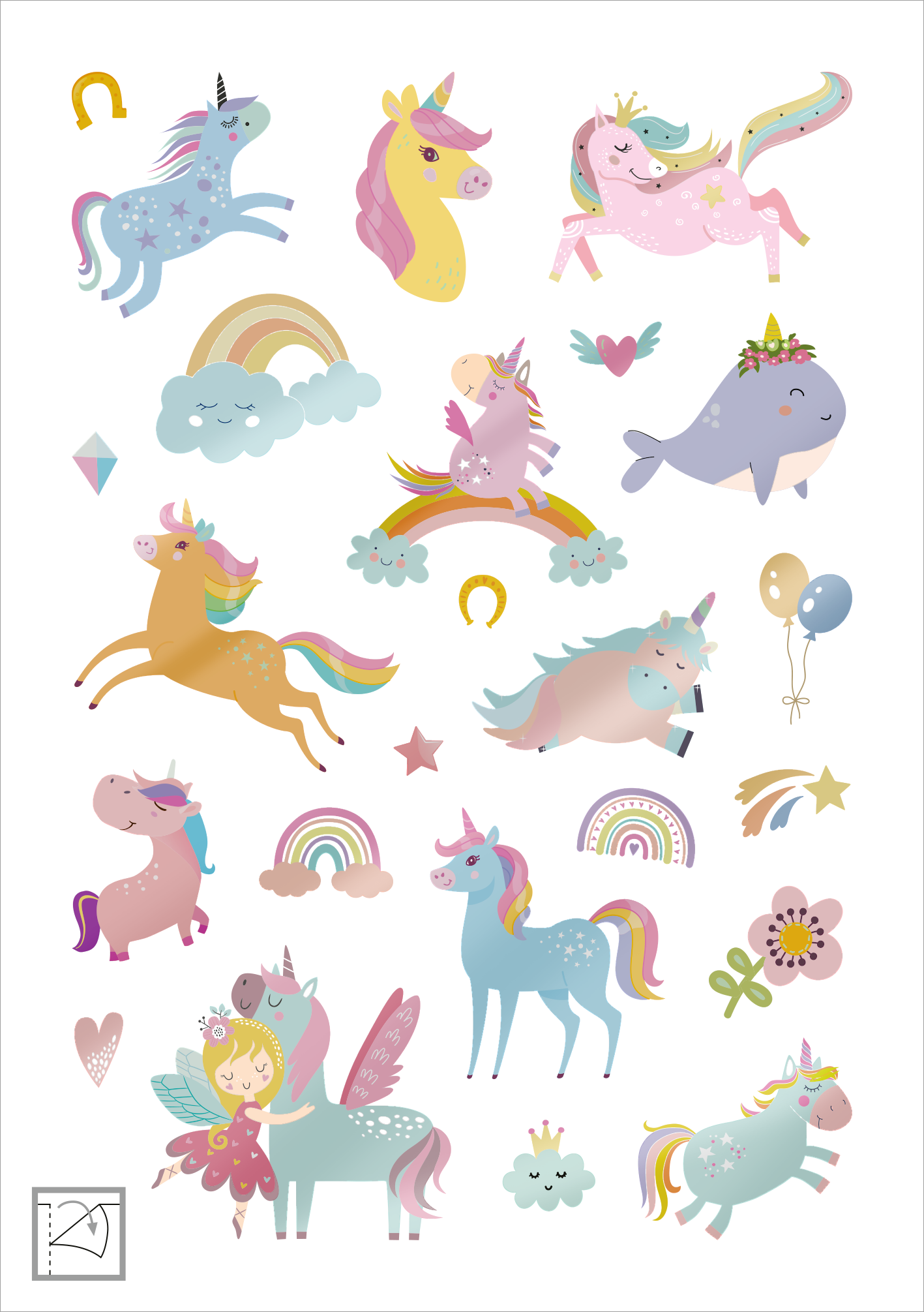 Gezeigt wird eine Innen- oder Zusatzansicht von „Glanz-Sticker – Einhörner“. Die Darstellung umfasst eine bunte Auswahl an Einhorn-Stickern in pastelligen Farben wie Rosa, Blau, Gelb und Violett. Zu den zentralen Motiven gehören Einhörner mit glitzernden Mähnen, Regenbögen, Wolken, sowie weitere fantasievolle Elemente wie Herzen und Sterne. Die Typografie ist verspielt und kindgerecht, unterstrichen durch die sanften Farben, die eine fröhliche Stimmung erzeugen.