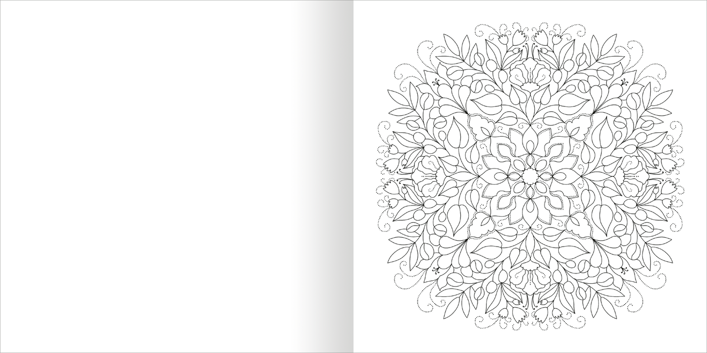 Gezeigt wird eine Innen- oder Zusatzansicht von „Aquarell-Malblock – Mandalas“. Die Seite zeigt ein ausgearbeitetes, symmetrisches Mandala-Design in zarten, schwungvollen Linien. Auf der linken Seite bleibt der Hintergrund unbebaut, während das Mandala auf der rechten Seite zentral angeordnet ist. Die Linien sind schwarz auf weißem Hintergrund, was einen klaren Kontrast schafft. Die typografische Schriftart ist klar und gut lesbar, ideal für kreative Entfaltung und Ausmalen.