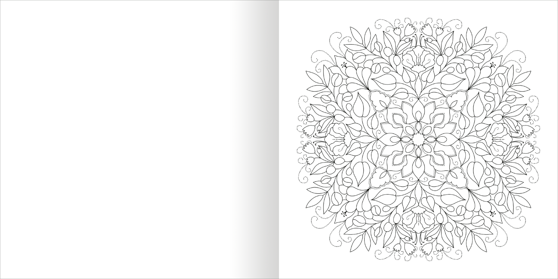 Gezeigt wird eine Innen- oder Zusatzansicht von „Aquarell-Malblock – Mandalas“. Die Seite zeigt ein ausgearbeitetes, symmetrisches Mandala-Design in zarten, schwungvollen Linien. Auf der linken Seite bleibt der Hintergrund unbebaut, während das Mandala auf der rechten Seite zentral angeordnet ist. Die Linien sind schwarz auf weißem Hintergrund, was einen klaren Kontrast schafft. Die typografische Schriftart ist klar und gut lesbar, ideal für kreative Entfaltung und Ausmalen.