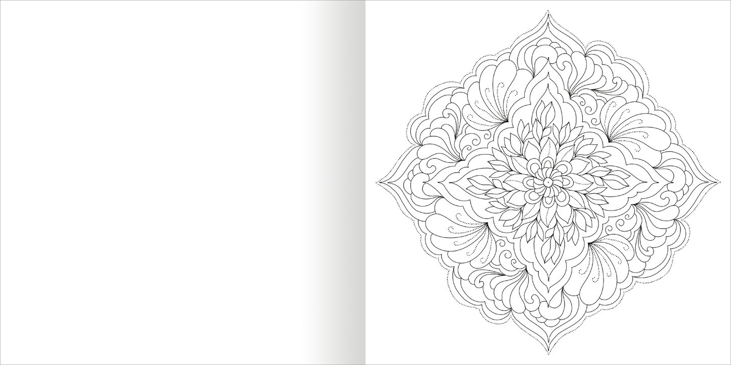 Gezeigt wird eine Innen- oder Zusatzansicht von „Aquarell-Malblock – Mandalas“. Die Abbildung zeigt eine detaillierte Mandala-Zeichnung auf der rechten Seite, umgeben von einem weißen Hintergrund. Die Linien sind fein und geschwungen, was eine harmonische Komposition aus geometrischen und floralen Motiven ergibt. Die Typografie ist klar und in einer modernen Schriftart gehalten. Links ist eine leere Seite, die Platz für eigene kreative Entwürfe bietet.