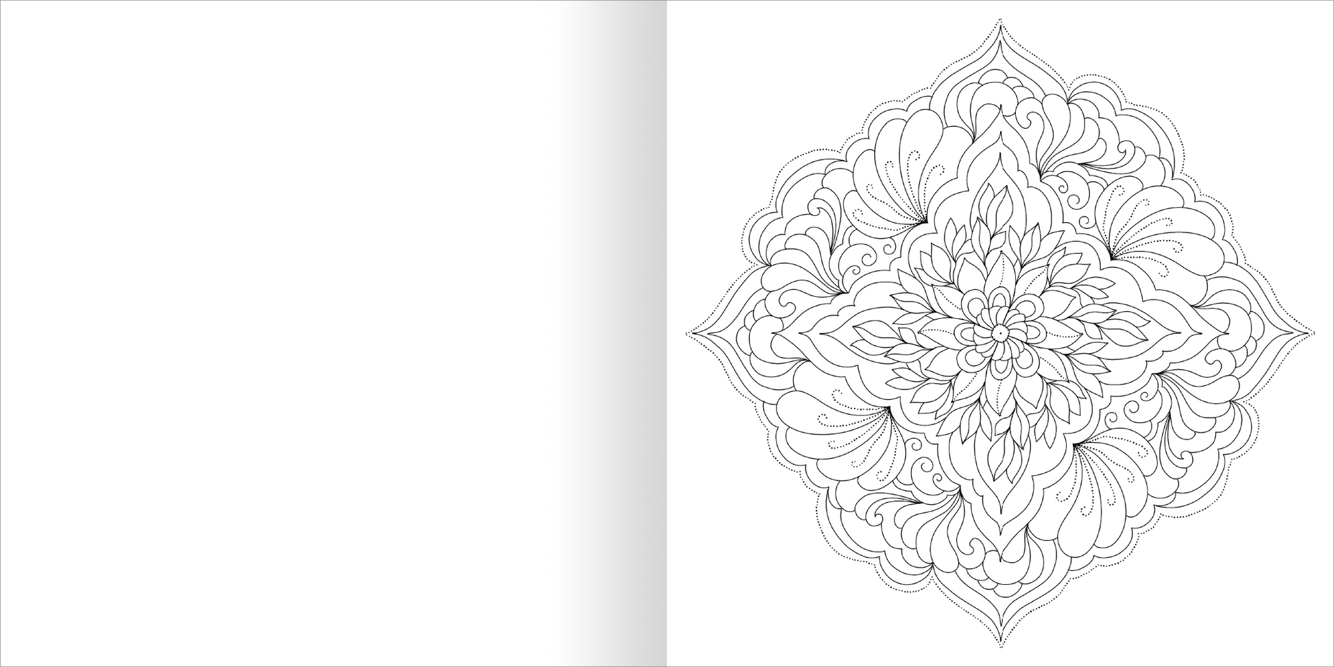 Gezeigt wird eine Innen- oder Zusatzansicht von „Aquarell-Malblock – Mandalas“. Die Abbildung zeigt eine detaillierte Mandala-Zeichnung auf der rechten Seite, umgeben von einem weißen Hintergrund. Die Linien sind fein und geschwungen, was eine harmonische Komposition aus geometrischen und floralen Motiven ergibt. Die Typografie ist klar und in einer modernen Schriftart gehalten. Links ist eine leere Seite, die Platz für eigene kreative Entwürfe bietet.