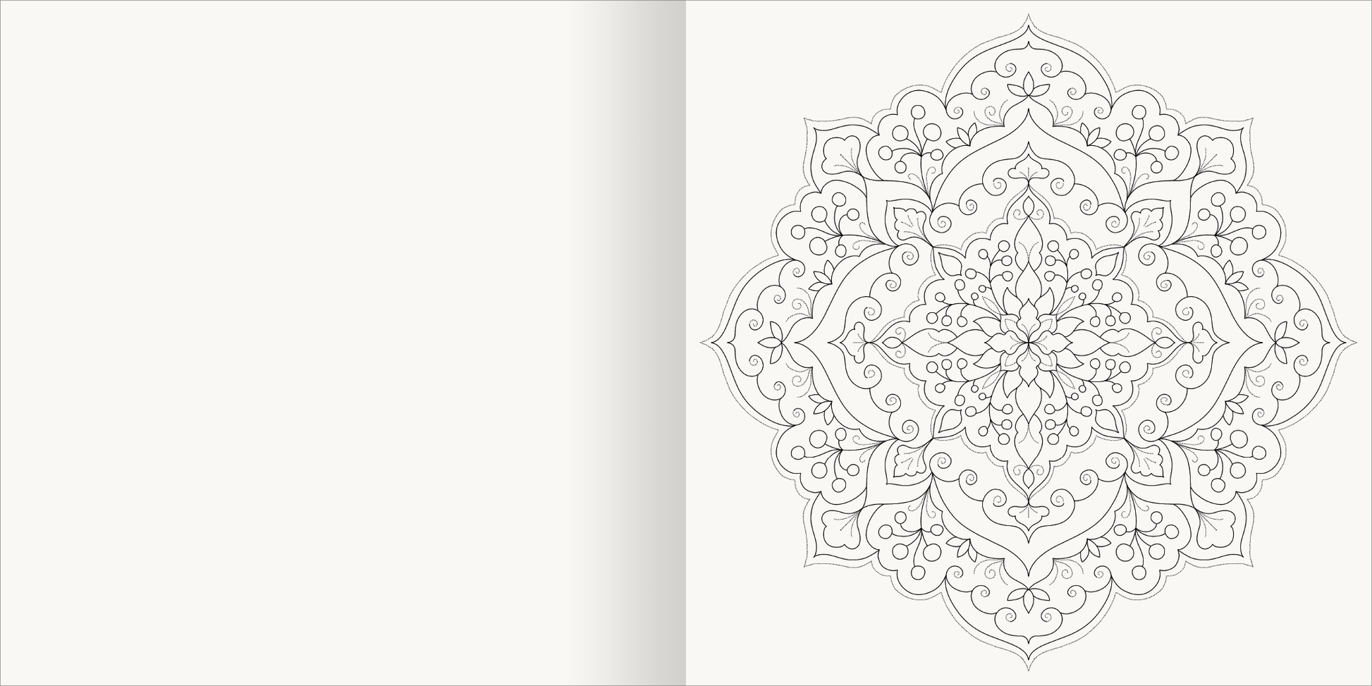 Gezeigt wird eine Innen- oder Zusatzansicht von „Aquarell-Malblock – Mandalas“. Die Abbildung zeigt eine detaillierte, symmetrische Mandala-Zeichnung in schwarz-weißer Linie auf einem cremefarbenen Hintergrund. Die zarten, geschwungenen Muster sind von zahlreichen filigranen Elementen umgeben, die zum Ausmalen einladen. Auf der linken Seite bleibt der Seitenraum unbeschrieben und bietet Platz für persönliche Notizen oder weiteres Malen. Die elegante Typografie des Titels ist klar...