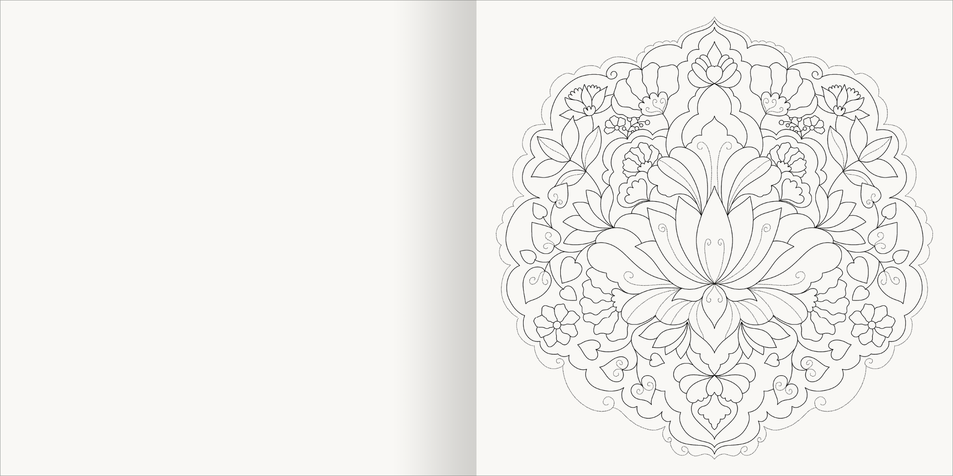 Gezeigt wird eine Innen- oder Zusatzansicht von „Aquarell-Malblock – Mandalas“. Die Illustration zeigt ein florales Mandala in feinen, detaillierten Linien auf einem hellen Hintergrund. Die zentrale Blüte ist von symmetrischen Blättern und kleineren floralen Mustern umgeben. Die Anordnung vermittelt Harmonie und Ruhe. Auf der linken Seite des Blattes bleibt der Raum unbeschrieben, um den kreativen Prozess des Ausmalens anzuregen. Die Typografie ist klar und übersichtlich gestaltet.