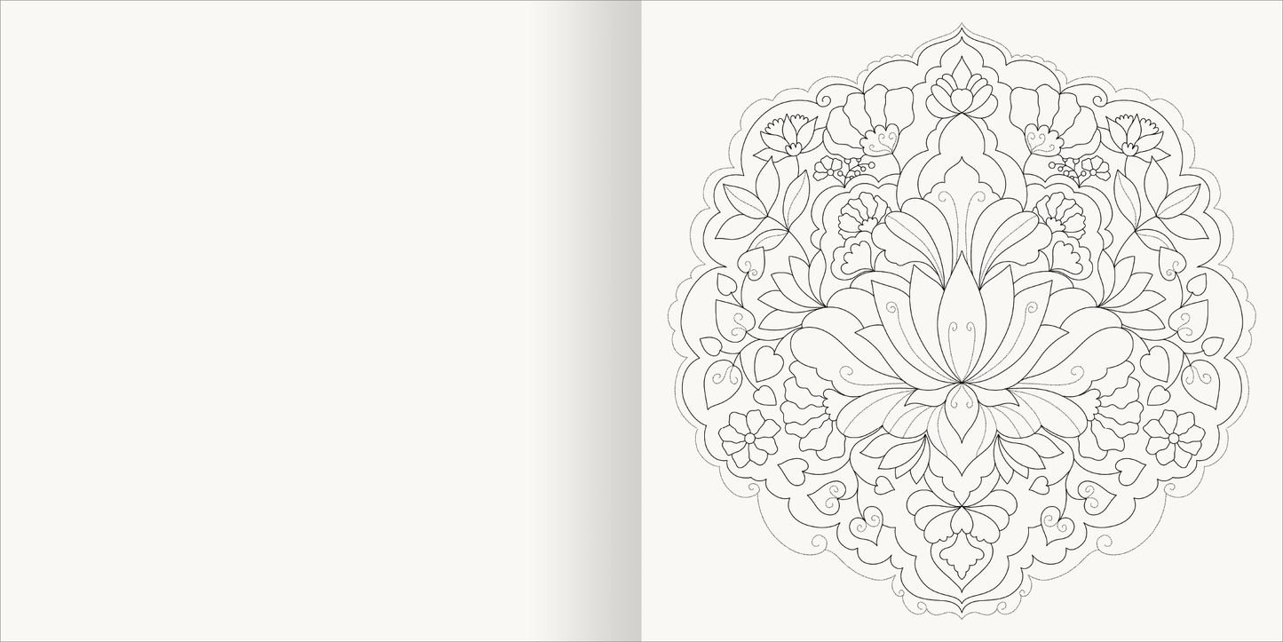 Gezeigt wird eine Innen- oder Zusatzansicht von „Aquarell-Malblock – Mandalas“. Die Illustration zeigt ein florales Mandala in feinen, detaillierten Linien auf einem hellen Hintergrund. Die zentrale Blüte ist von symmetrischen Blättern und kleineren floralen Mustern umgeben. Die Anordnung vermittelt Harmonie und Ruhe. Auf der linken Seite des Blattes bleibt der Raum unbeschrieben, um den kreativen Prozess des Ausmalens anzuregen. Die Typografie ist klar und übersichtlich gestaltet.
