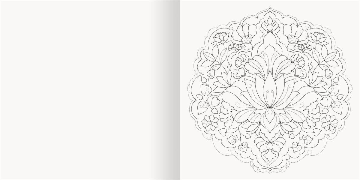 Gezeigt wird eine Innen- oder Zusatzansicht von „Aquarell-Malblock – Mandalas“. Die Illustration zeigt ein florales Mandala in feinen, detaillierten Linien auf einem hellen Hintergrund. Die zentrale Blüte ist von symmetrischen Blättern und kleineren floralen Mustern umgeben. Die Anordnung vermittelt Harmonie und Ruhe. Auf der linken Seite des Blattes bleibt der Raum unbeschrieben, um den kreativen Prozess des Ausmalens anzuregen. Die Typografie ist klar und übersichtlich gestaltet.