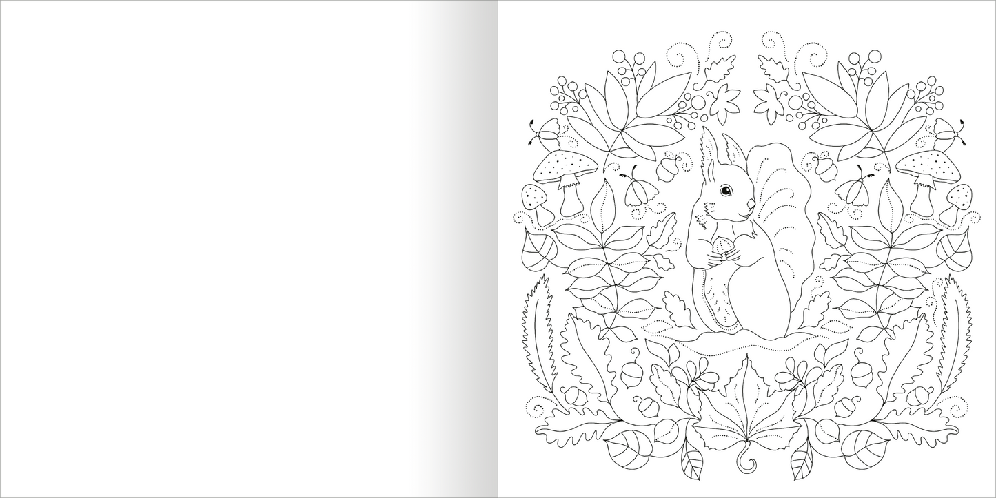 Gezeigt wird eine Innen- oder Zusatzansicht von „Aquarell-Malblock – Im Wald“. Die Abbildung zeigt eine lineare Zeichnung eines Eichhörnchens, das in einer üppigen Umrandung aus Blättern, Blumen und Pilzen sitzt. Die Konturen sind klar und zeichnerisch gestaltet, ideal zum Ausmalen. Die linksseitige Seite bleibt leer und bietet Raum für kreative Gestaltungen. Die feinen Linien und naturinspirierten Motive verleihen dem Bild einen verspielten Charakter.