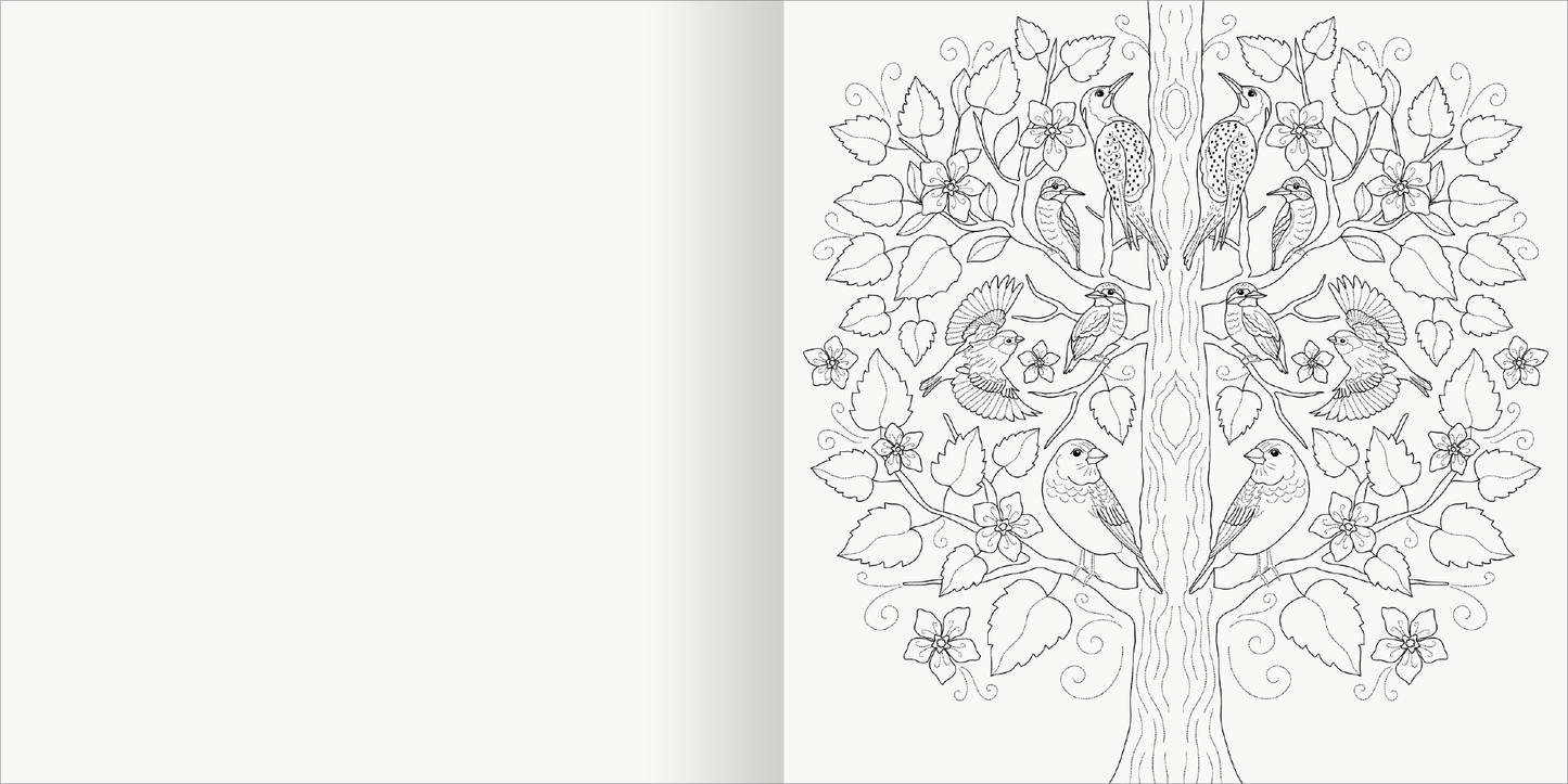 Gezeigt wird eine Innen- oder Zusatzansicht von „Aquarell-Malblock – Im Wald“. Die Abbildung zeigt eine detaillierte, schwarz-weiße Illustration eines Baumes, dessen Äste von verschiedenen Vögeln und Blättern umgeben sind. Die Blatt- und Blütenmuster sind schwungvoll gestaltet, während die Vögel in unterschiedlichen Posen angeordnet sind. Der Hintergrund ist neutral gehalten, um die Illustration hervorzuheben. Die Typografie ist modern und unauffällig, sodass sie die visuelle...