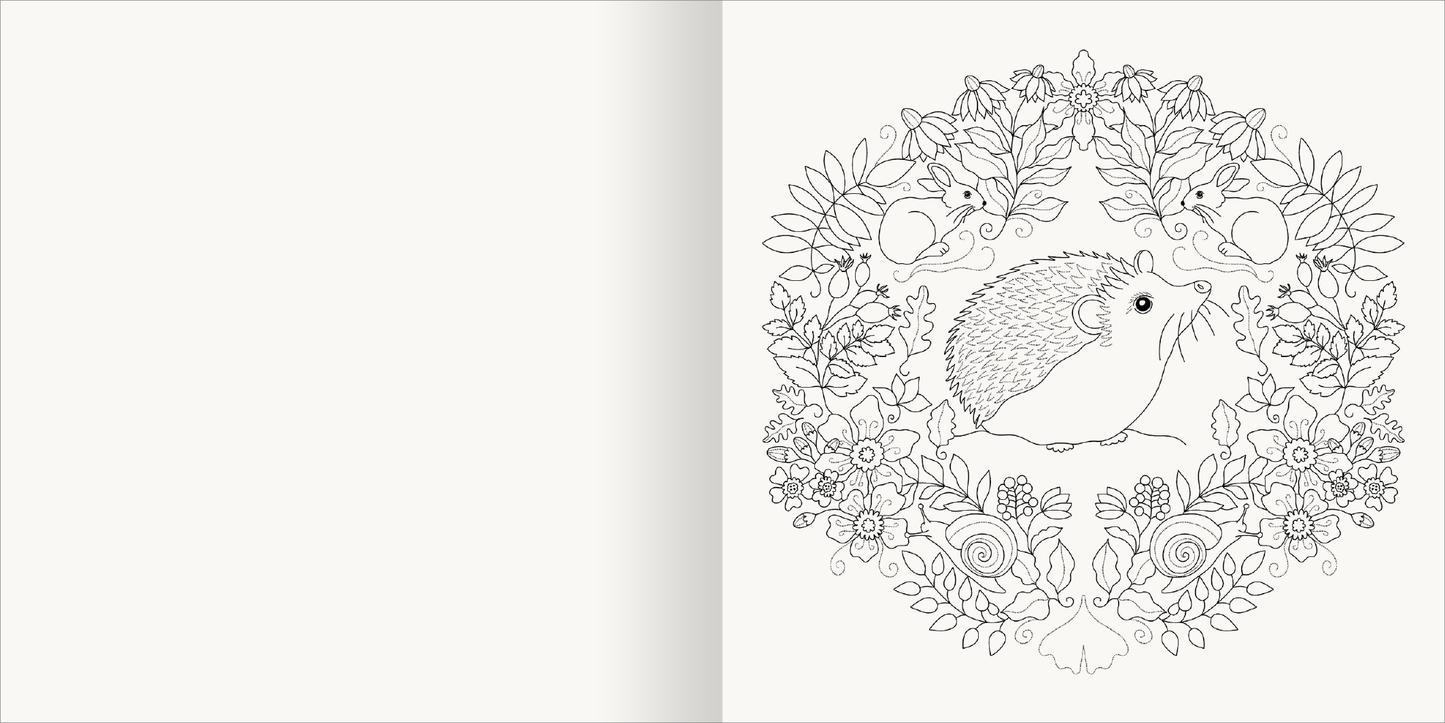 Gezeigt wird eine Innen- oder Zusatzansicht von „Aquarell-Malblock – Im Wald“. Die Abbildung zeigt einen Igel umgeben von detaillierten Pflanzenmotiven, darunter Blumen und Blätter. Die Linienzeichnung ist schlicht und klar, mit einem leichten, verspielten Charakter. Die Farbpalette ist neutral und uncolored, lässt Raum für eigene künstlerische Gestaltung. Diese Illustrationen bieten eine beruhigende und naturnahe Atmosphäre, ideal für kreative Entfaltung.