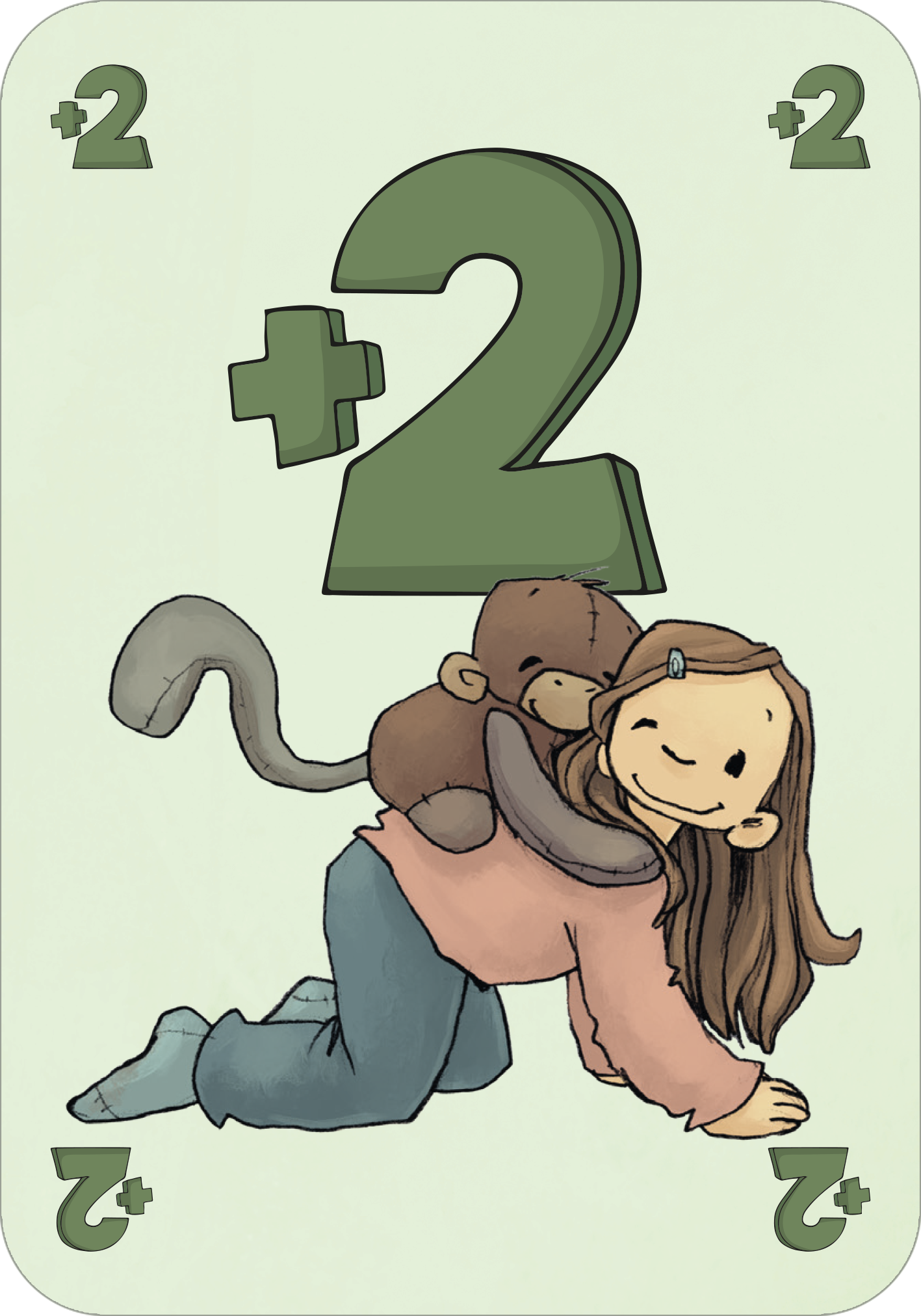 Gezeigt wird eine Innen- oder Zusatzansicht von „Anouk – Mau-Mau“. Die Karte zeigt ein niedliches, cartoonhaftes Bild eines Mädchens in einem rosa Oberteil, das auf allen Vieren sitzt und von einem Kuscheltier-Affen umarmt wird, der auf ihrem Rücken sitzt. Im Hintergrund ist eine hellgrüne Fläche, die mit einer großen grünen „+2“ in der Mitte und kleinen „2“ in den Ecken ergänzt wird. Die fröhliche Typografie und die sanften Farben vermitteln eine verspielte Atmosphäre.