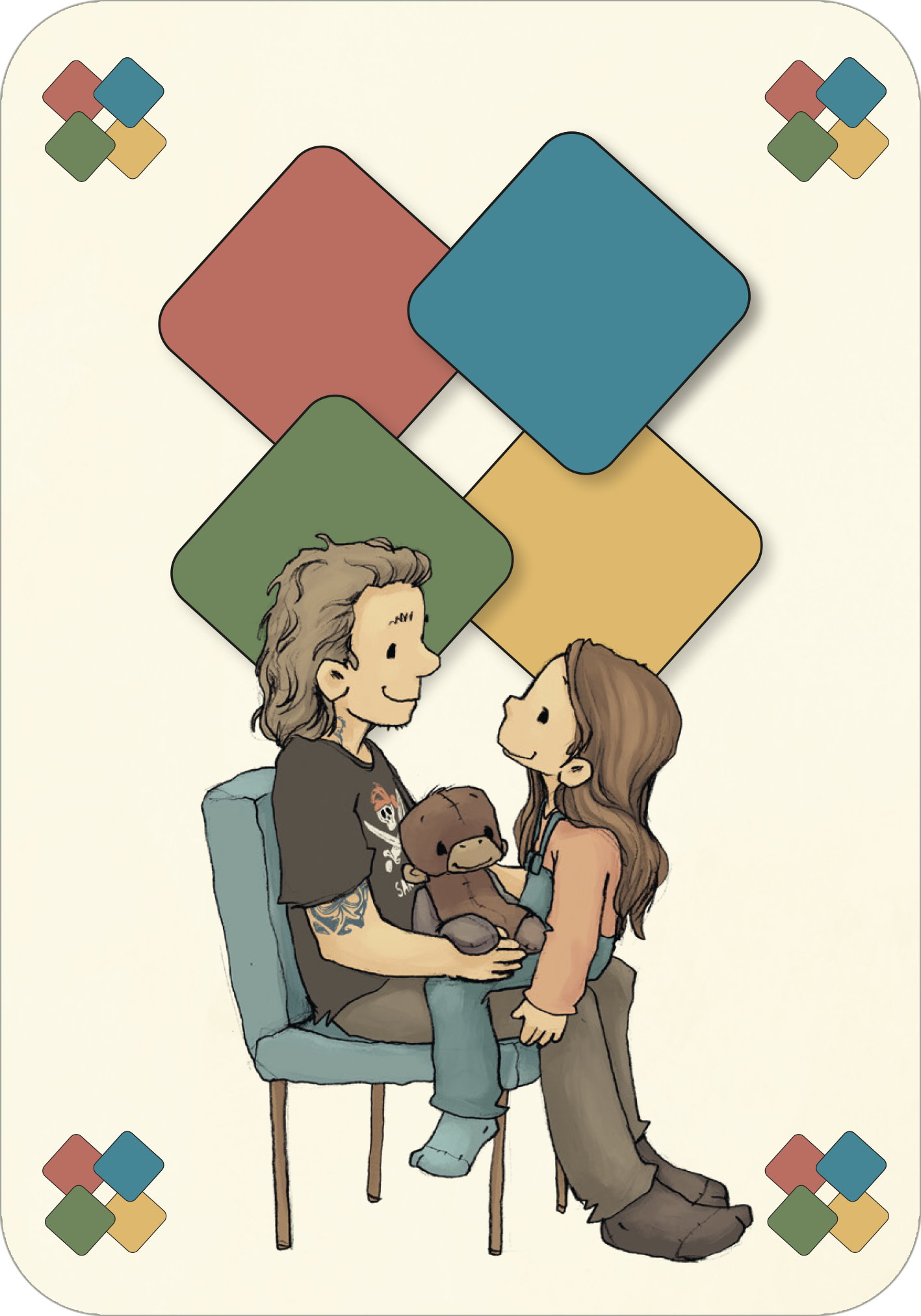 Gezeigt wird eine Innen- oder Zusatzansicht von „Anouk – Mau-Mau“. Auf der Karte sind zwei Personen abgebildet, die sich anblicken, Vater und Tochter. Der Vater trägt ein schwarzes T-Shirt und sitzt auf einem hellblauen Stuhl, während er einen Teddybär hält. Die Tochter hat lange, braune Haare und trägt eine bunte Bluse. Im Hintergrund sind geometrische Formen in verschiedenen Farben (grün, rot, blau und gelb) angeordnet. Der Hintergrund ist hellbeige, was die Illustrationen betont.