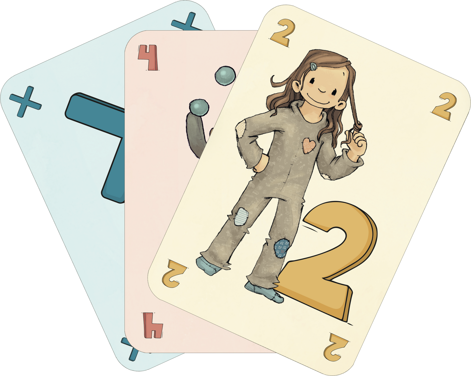 Gezeigt wird eine Innen- oder Zusatzansicht von „Anouk – Mau-Mau“. Die Ansicht zeigt drei Spielkarten in unterschiedlichen Farben. Die oberste Karte zeigt Anouk in ihrem Schlafanzug, wie sie eine Haarsträhne um ihren Finger wickelt und nett lächelt. Der Stil ist verspielt und kindgerecht, geeignet für ein junges Publikum.