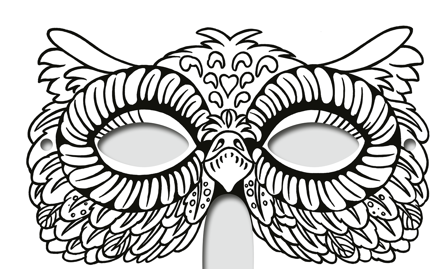 Gezeigt wird eine Innen- oder Zusatzansicht von „Diamantmasken – Zauberwesen“. Die Abbildung zeigt eine detailreiche Augenmaske in Form einer Eule. Die Maske ist in schwarz-weißen Konturen gehalten und weist zahlreiche gefiederte Elemente sowie rundum angeordnete, geschwungene Linien auf. Die Form der Augenöffnungen ist oval und schafft einen lebendigen, mystischen Eindruck. Die Maske ist sowohl fantasievoll als auch kunstvoll gestaltet, wobei die gewählten Details die magische...
