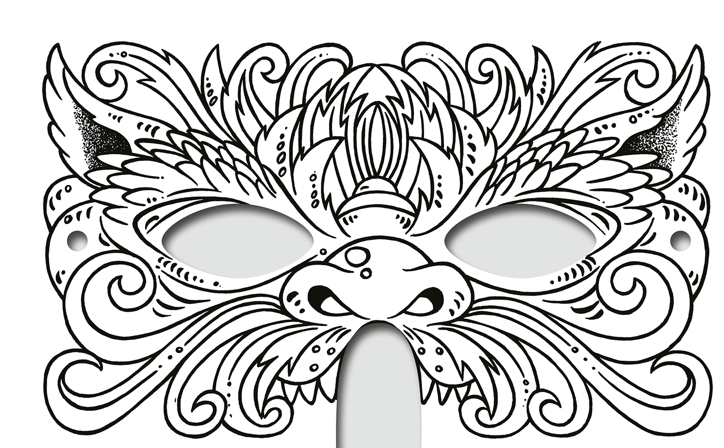 Gezeigt wird eine Innen- oder Zusatzansicht von „Diamantmasken – Zauberwesen“. Die Maske weist ein verschnörkeltes, filigranes Design mit geschwungenen Linien und stilisierten Tiermotiven auf. Schwarz-weiße Farbgebung dominiert, was den detaillierten Zeichnungen eine elegante Intensität verleiht. Die Augenöffnungen sind leer und mittig positioniert, während die unteren Verzierungen eine dynamische Formgebung zeigen. Die Schrift ist verspielt und integriert sich harmonisch in das...