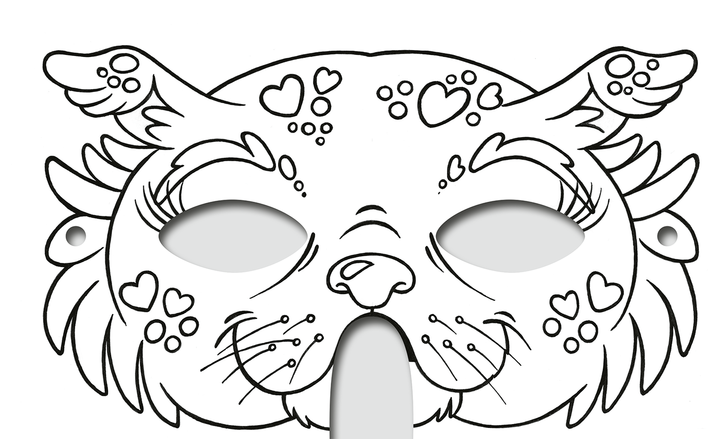 Gezeigt wird eine Innen- oder Zusatzansicht von „Diamantmasken – Zauberwesen“. Die Maske zeigt ein verspieltes Design eines niedlichen Tieres mit geschwungenen Ohren und einer herzförmigen Verzierung. Sie ist schwarz-weiß und in liebevollen Details verziert, darunter kleine Herzen und Punkte, die dem Gesamtbild eine freundliche und fantasievolle Note verleihen. Die Augenöffnungen sind oval und zart umrundet, während die Konturen die Form eines Tiergesichts betonen.