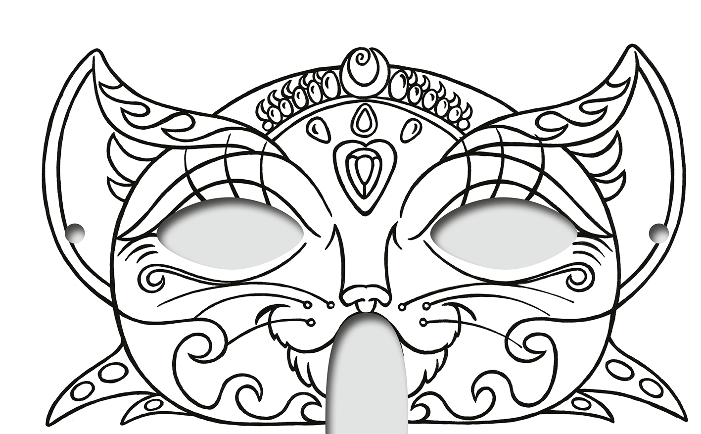 Gezeigt wird eine Innen- oder Zusatzansicht von „Diamantmasken – Zauberwesen“. Die Maske zeigt ein künstlerisches Design mit geschwungenen Linien und filigranen Ornamenten. Sie hat die Form eines Tieres mit großen, runden Augenöffnungen und einem hervorgehobenen Nasenbereich. Die Grundfarbe ist weiß, während Details in Schwarz und eine Vielzahl von komplexen Mustern akzentuiert sind. Die Typografie ist verspielt und verleiht dem Gesamtbild einen märchenhaften Eindruck.