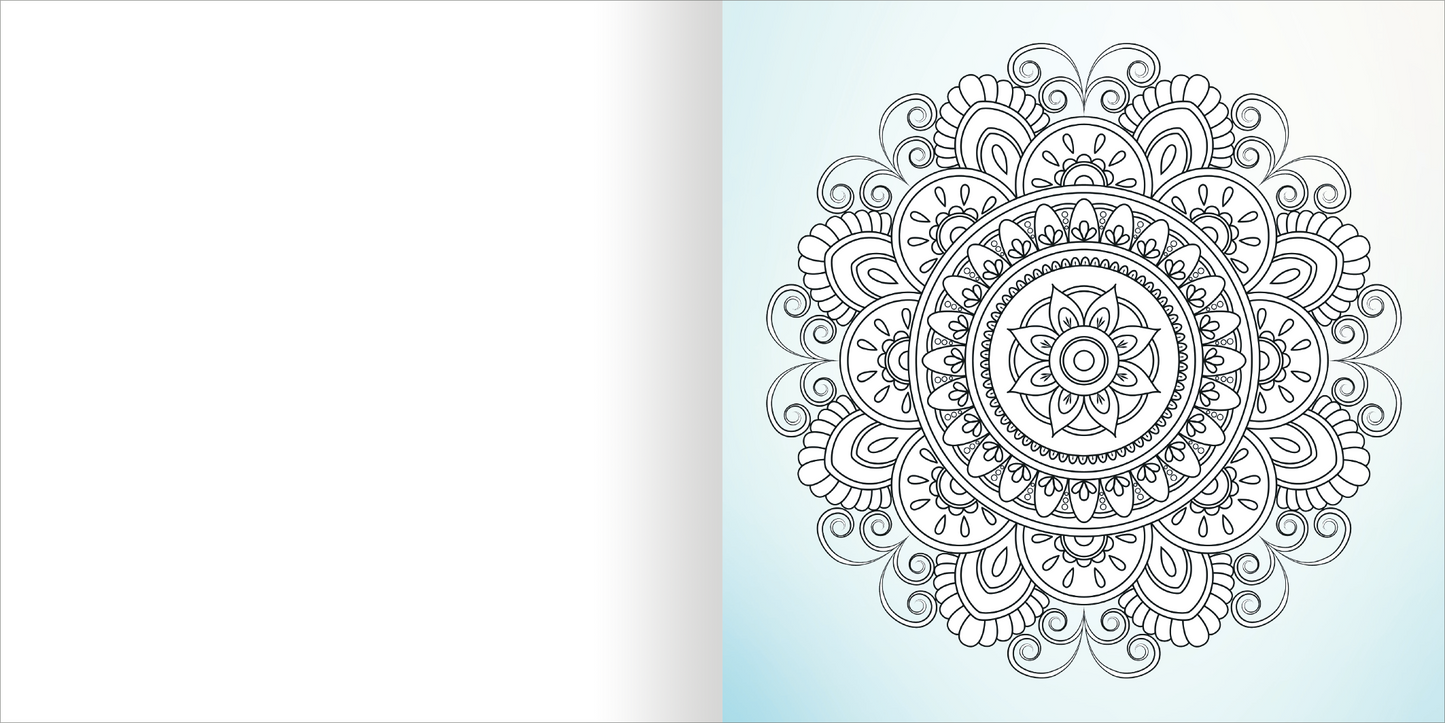 Gezeigt wird eine Innen- oder Zusatzansicht von „Diamond Mandalas“. Die Abbildung zeigt ein detailliertes Mandala in Schwarz-Weiß auf einem hellblauen Hintergrund. Das Mandala ist kreisförmig und besteht aus harmonischen, symmetrischen Mustern, die filigrane Ornamente und geometrische Formen umfassen. In der Mitte befindet sich ein kleinerer, strahlender Kreis. Die Typografie ist nicht abgebildet, die Gestaltung fördert eine ruhige und meditative Atmosphäre.