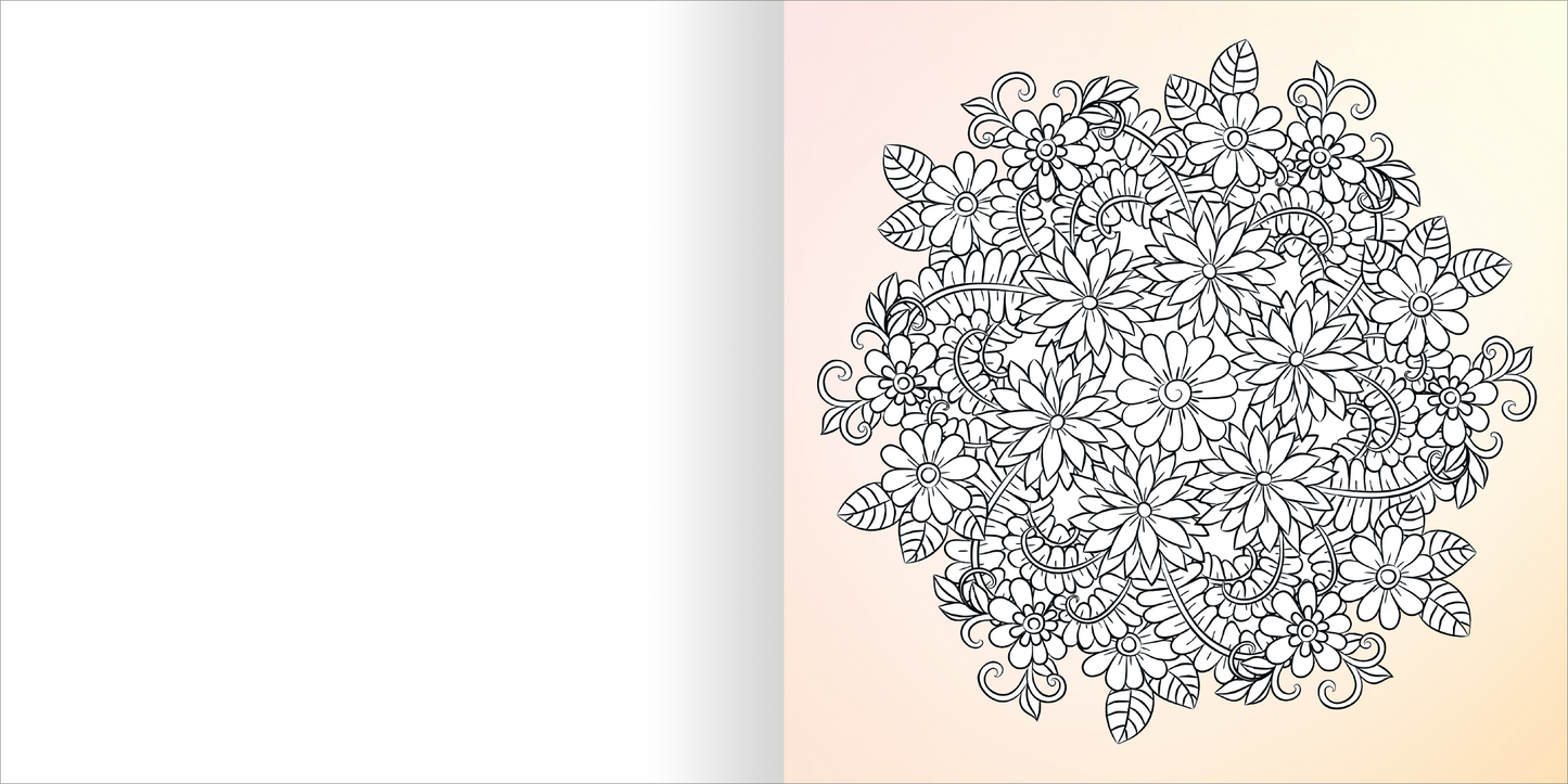 Gezeigt wird eine Innen- oder Zusatzansicht von „Diamond Mandalas“. Die Abbildung zeigt ein kreisförmiges Muster aus detaillierten Blumen und Blättern in Schwarz auf einem hellen, sanften Farbverlauf. Die floralen Elemente sind präzise angeordnet, wobei die verschiedenen Formen und Linien ein harmonisches Gesamtbild schaffen. Die Gestaltung lädt ein, kreativ zu werden und die leeren Flächen farblich auszugestalten.