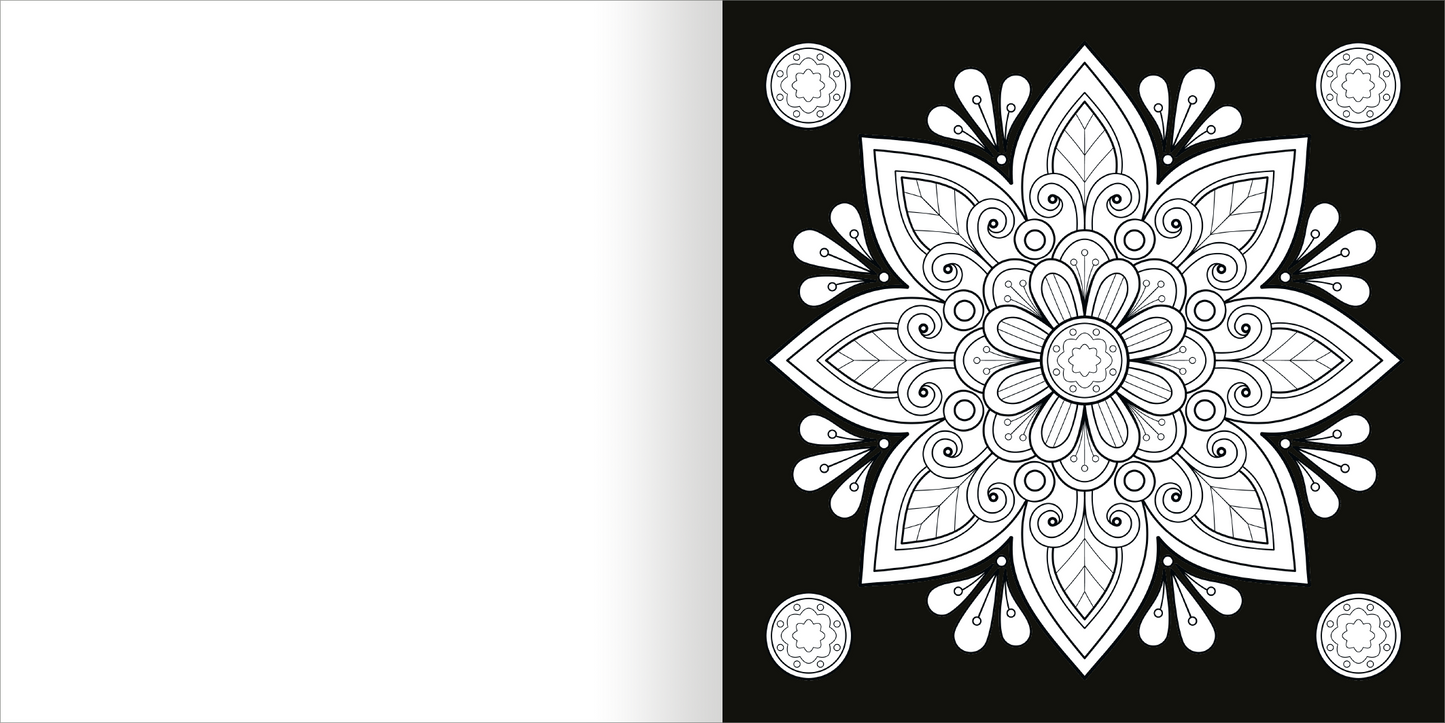 Gezeigt wird eine Innen- oder Zusatzansicht von „Diamond Mandalas“. Die Darstellung zeigt ein großes, symmetrisches Mandala auf schwarzem Hintergrund, ausgeführt in schwarz-weißen kontrastierenden Linien. Das Mandala ist mit filigranen Blättern und geschwungenen Formen verziert, die zentralen Elemente sind eine große Blüte und kreisförmige Motive. Die Typografie ist modern und harmonisch in das Design integriert. Die Gestaltung vermittelt eine meditative und beruhigende Atmosphäre.