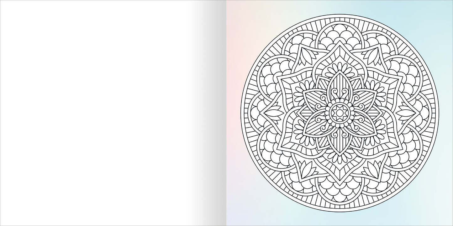 Gezeigt wird eine Innen- oder Zusatzansicht von „Diamond Mandalas“. Die Grafik zeigt ein detailliertes, runde Mandala-Muster in Schwarz auf einem sanft gefärbten Hintergrund. Das Mandala ist symmetrisch aufgebaut und umfasst zahlreiche geometrische Formen sowie florale Elemente, die harmonisch miteinander verbunden sind. Die filigrane Linienführung lädt zum Ausmalen ein und fördert die Kreativität. Der linke Seitenbereich bleibt leer und bietet Raum für persönliche Notizen oder...