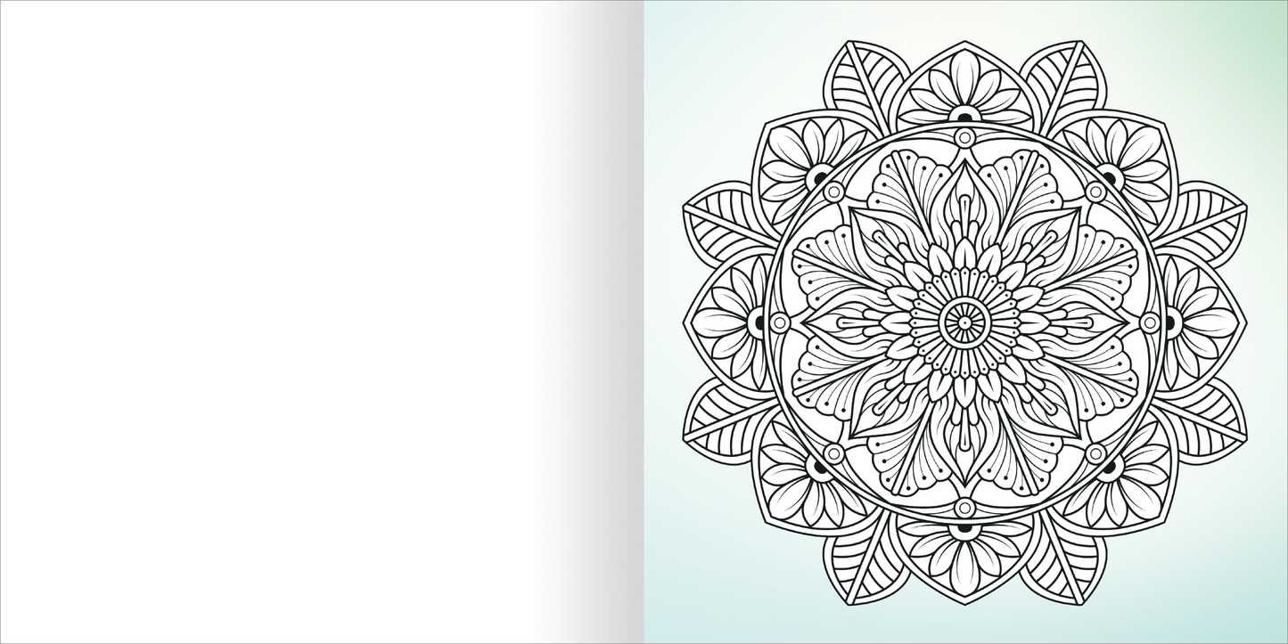 Gezeigt wird eine Innen- oder Zusatzansicht von „Diamond Mandalas“. Die Abbildung zeigt eine detaillierte, kreisförmige Mandala-Zeichnung in Schwarzweiß. Sie besteht aus vielen verschlungenen und symmetrischen Elementen, darunter Blüten, Blätter und geschwungene Linien. Die Gestaltung wirkt harmonisch und einladend, ideal für Ausmalprojekte. Der Hintergrund ist in sanften Farben gehalten, die den Fokus auf die filigranen Muster lenken.
