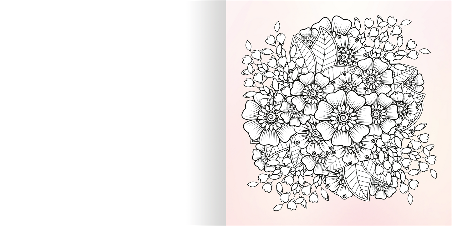 Gezeigt wird eine Innen- oder Zusatzansicht von „Diamond Blütenzauber“. Die Darstellung zeigt ein detailliertes florales Motiv mit zahlreichen Blüten und Blättern in Schwarz-Weiß. Die Blumen sind üppig und variieren in Form und Größe, um eine dynamische Komposition zu schaffen. Der Hintergrund ist sanft in einem zarten Rosa gehalten, was einen harmonischen Kontrast zu den klaren Linien der Zeichnung bietet. Die Typografie ist verspielt und ergänzt das florale Design.