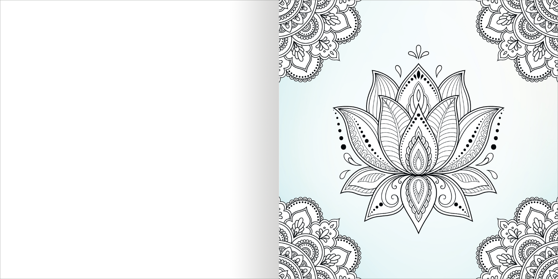 Gezeigt wird eine Innenansicht von „Diamond Blütenzauber“. Im Zentrum befindet sich eine detailreiche, schwarze Konturzeichnung einer Lotusblüte, umgeben von ornamentalen Mustern. Der Hintergrund ist sanft in hellblau gehalten, was einen ruhigen Effekt erzeugt. Die Typografie ist elegant und verspielt, wobei die Kombination aus klaren Linien und geschwungenen Formen harmonisch zusammenwirkt und ein Gefühl von Balance und Ästhetik vermittelt.