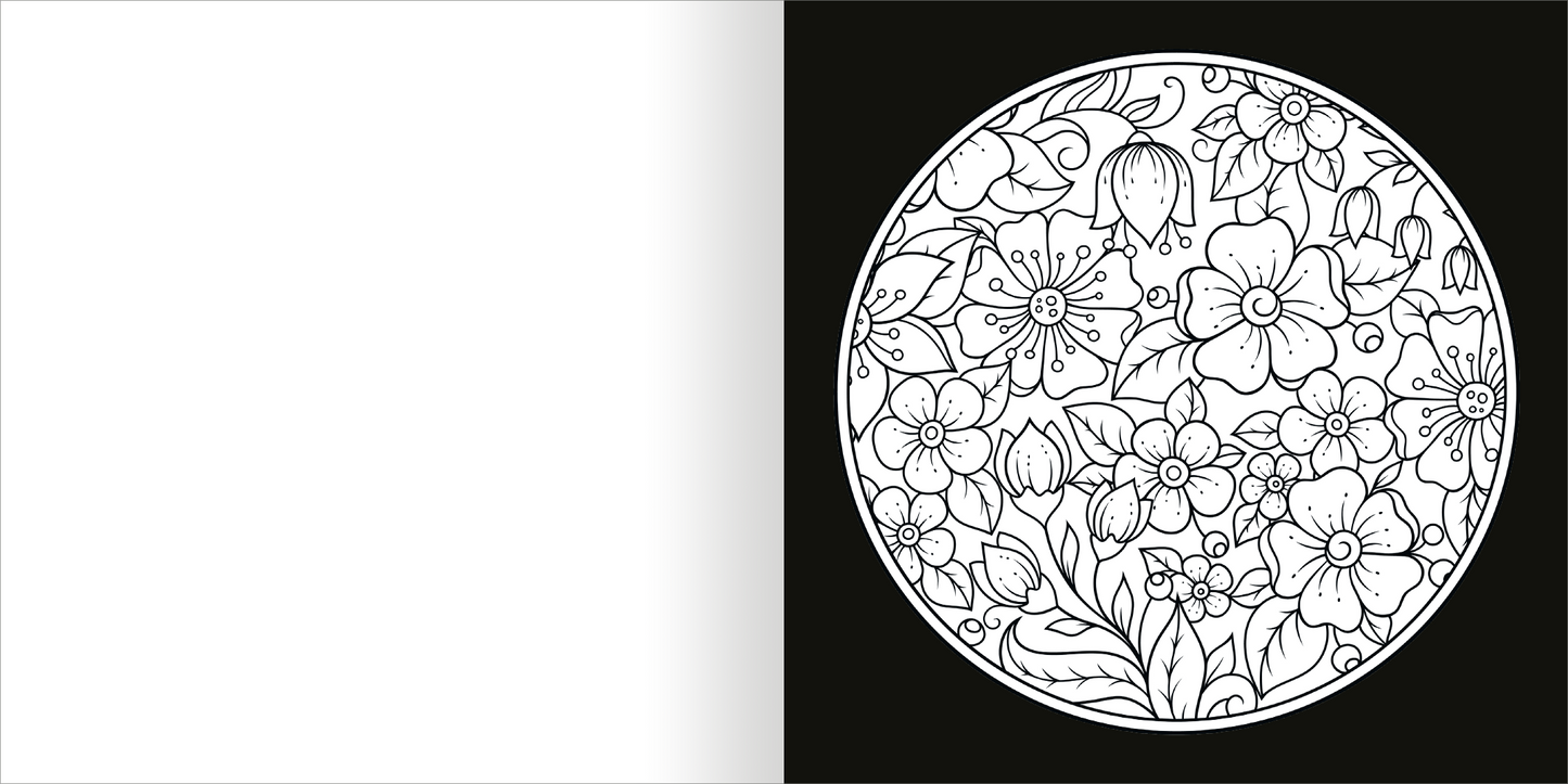 Gezeigt wird eine Innen- oder Zusatzansicht von „Diamond Blütenzauber“. Im Zentrum befindet sich ein runder floraler Mandala mit detaillierten, schwarz-weißen Umrissen verschiedener Blumen und Blätter. Die Motive sind vielfältig und harmonisch angeordnet, während die linke Seite des Bildes leer bleibt. Der schwarze Hintergrund hebt die feinen Linien der Zeichnung hervor und schafft einen kontrastreichen visuellen Effekt. Die Typografie ist nicht sichtbar, da der Fokus auf dem floralen...