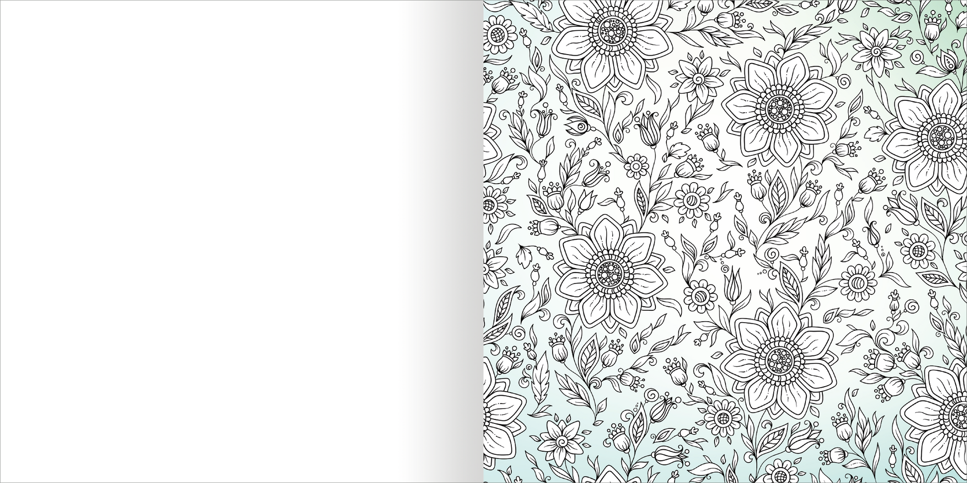 Gezeigt wird eine Innen- oder Zusatzansicht von „Diamond Blütenzauber“. Die Seite präsentiert ein filigranes, handgezeichnetes Blumenmuster in schwarzer Umrisszeichnung auf einem sanften, aquamarinfarbenen Hintergrund. Große, detaillierte Blüten und zarte botanische Elemente ziehen sich über die gesamte Fläche. Der linke Bereich bleibt unbedruckt und bietet Raum für Notizen oder Zeichnungen. Die harmonische Anordnung und die Klarheit der Formen schaffen eine einladende, kreative...