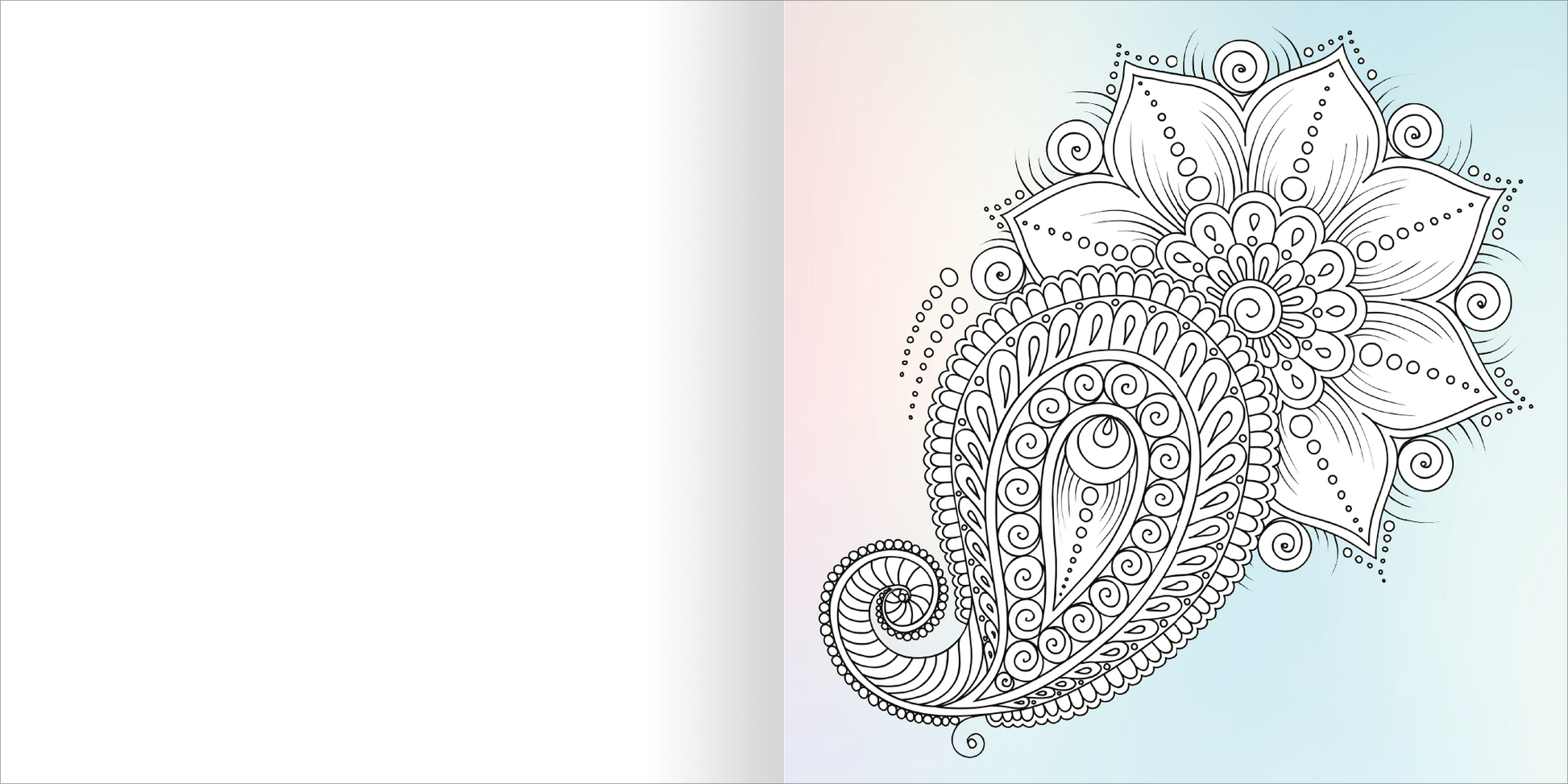 Gezeigt wird eine Innen- oder Zusatzansicht von „Diamond Blütenzauber“. Die Illustration zeigt ein filigranes, florales Muster in Schwarz-Weiß, das eine große, symmetrische Blüte und geschwungene Paisleymuster kombiniert. Die Hintergrundfarbe ist sanft verblasstes Blau und Rosa, welches einen harmonischen Kontrast zur detaillierten Schwarzzeichnung bildet. Die klare, verspielte Typografie ergänzt die Gestaltung und vermittelt einen reizvollen, beruhigenden Gesamteindruck.