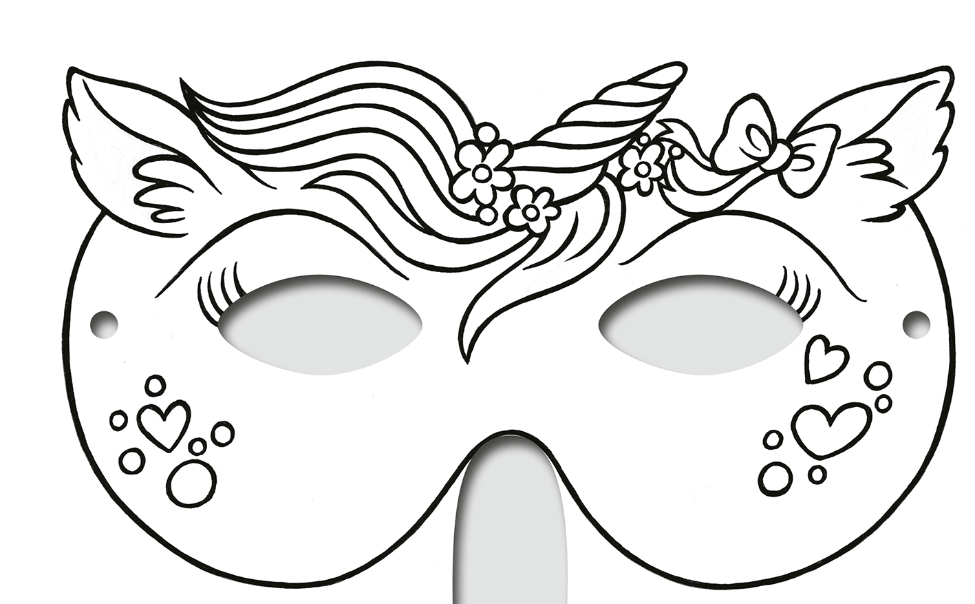 Gezeigt wird eine Innen- oder Zusatzansicht von „Diamantmasken – Feen“. Die Maske hat die Form eines Einhorns mit Nike und fließenden Linien, die das Haar darstellen. Sie ist geschmückt mit kleinen Blumen und Herzmotiven, die den verspielten Charakter betonen. Die Farbgestaltung ist klar und einfach gehalten, was den Fokus auf die Details der Zeichnung lenkt. Die typografischen Elemente sind kinderfreundlich und harmonisch in das Gesamtdesign integriert.