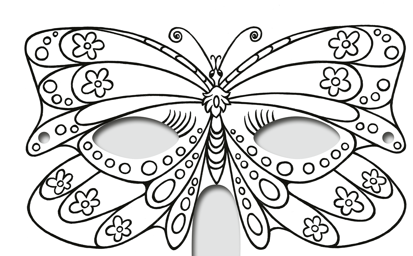 Gezeigt wird eine Innen- oder Zusatzansicht von „Diamantmasken – Feen“. Die Maske hat die Form eines Schmetterlings mit detaillierten, schwungvollen Mustern. Sie ist umgeben von floralen Motiven und geschwungenen Linien. Die Darstellung erfolgt in Schwarz auf einem weißen Hintergrund, was die zarten Linien und die Anordnung der Design-Elemente betont. Die Augenöffnungen sind oval und sorgen für eine harmonische Gesamtwirkung.