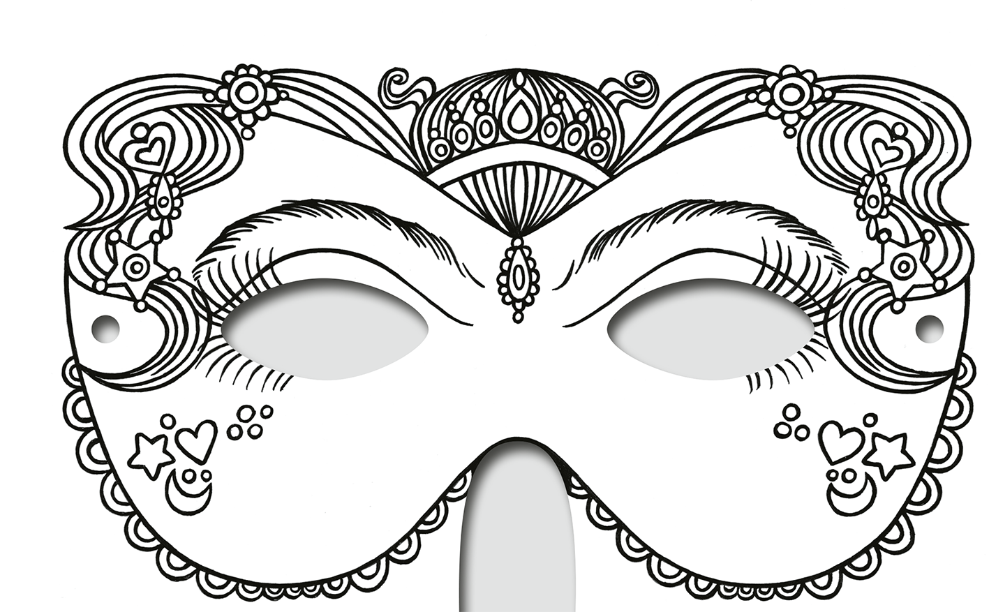 Gezeigt wird eine Innen- oder Zusatzansicht von „Diamantmasken – Feen“. Die Maske ist in einem filigranen, elfenhaften Design gehalten und zeigt verschnörkelte Linien und zarte Blumenmuster. Sie ist überwiegend in Weiß und Schwarz gestaltet, mit Herz- und Sternmotiven in verschiedenen Größen, die sich harmonisch in die Gesamtkomposition einfügen. Die Augenöffnungen sind oval und werden von geschwungenen Linien umrahmt, die die feenhaften Elemente betonen.