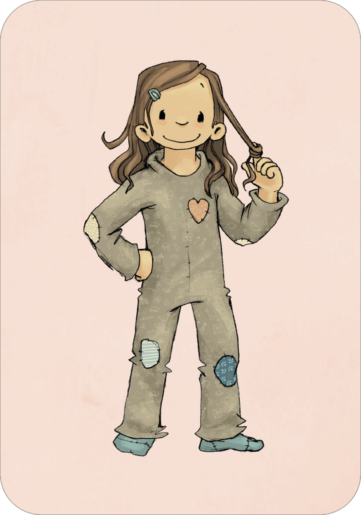 Gezeigt wird eine Innen- oder Zusatzansicht von „Anouk – Ich packe meinen Koffer“. Die Illustration zeigt ein fröhliches Mädchen mit langen, braunen Haaren, das ein graues Overall mit verschiedenen Farbpatches trägt. Der Overall hat einen Herz-Button auf der Brust und wirkt leger und verspielt. Der Hintergrund ist in sanften Rosa-Tönen gehalten, was die positive Ausstrahlung des Mädchens unterstreicht. Die verwendete Typografie ist klar und freundlich gestaltet, ideal für die...