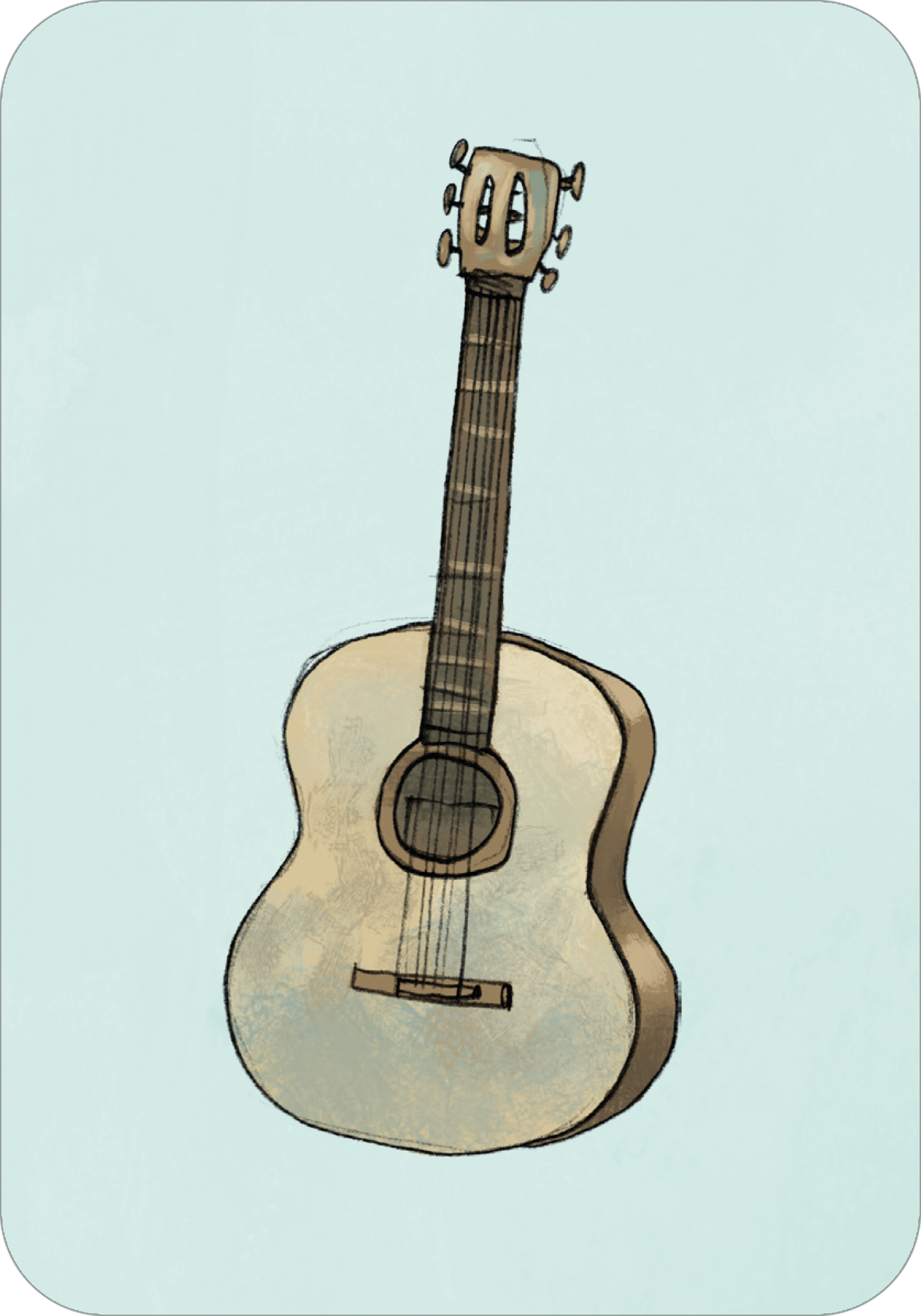 Gezeigt wird eine Innen- oder Zusatzansicht von „Anouk – Ich packe meinen Koffer“. Die Illustration zeigt eine akustische Gitarre in sanften Beige- und Brauntönen vor einem hellblauen Hintergrund. Die Gitarre hat eine runde Schallöffnung und geschwungene Kanten. Die Saiten sind klar erkennbar, ebenso wie die Stimmmechanik am Kopf. Die Verwendung von lockerem, skizzenhaftem Strich vermittelt eine freundliche und einladende Atmosphäre.